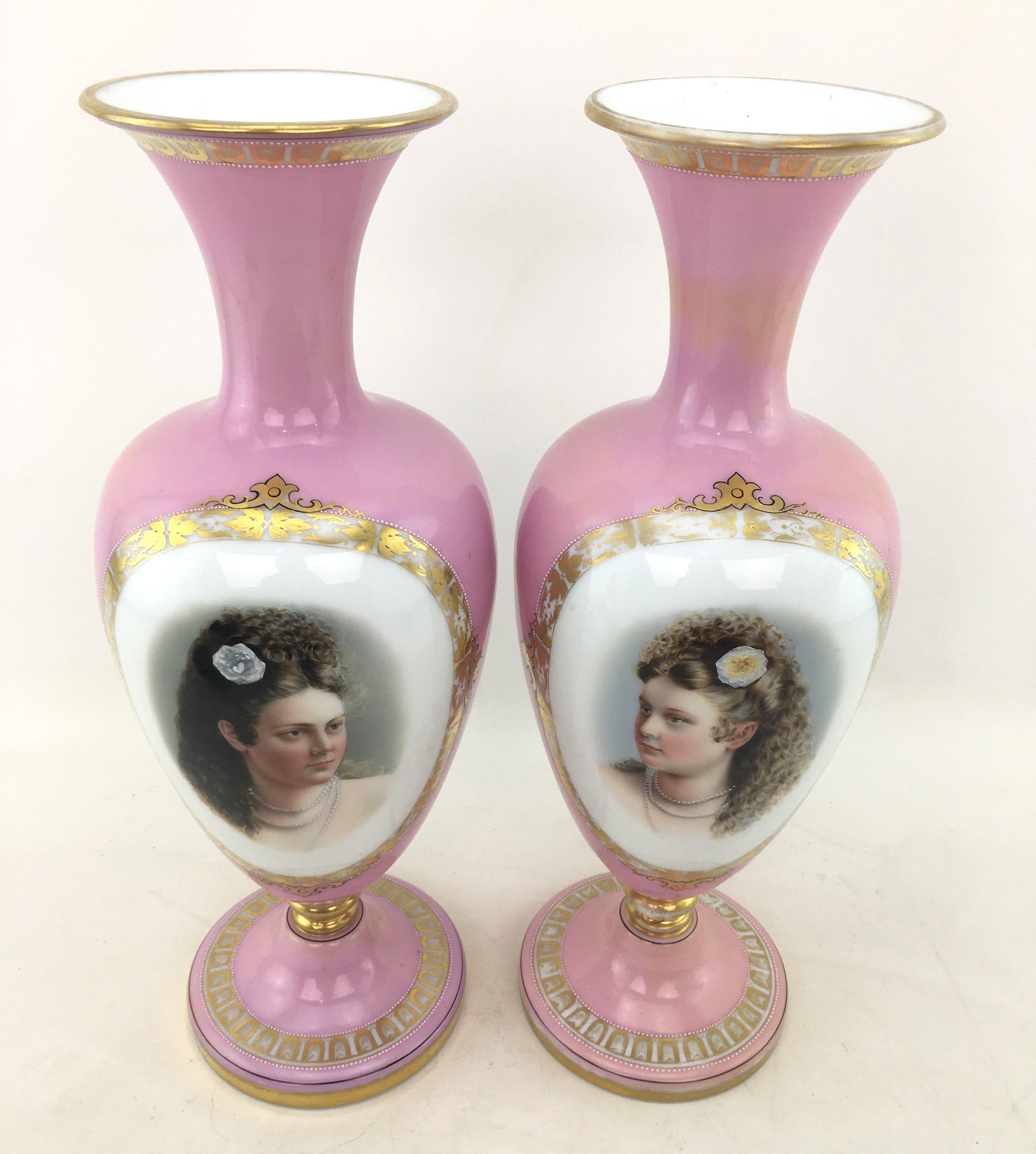 Pair of Large Antique Pink Enameled Glass Portrait Vases with Gilt Accents For Sale 11