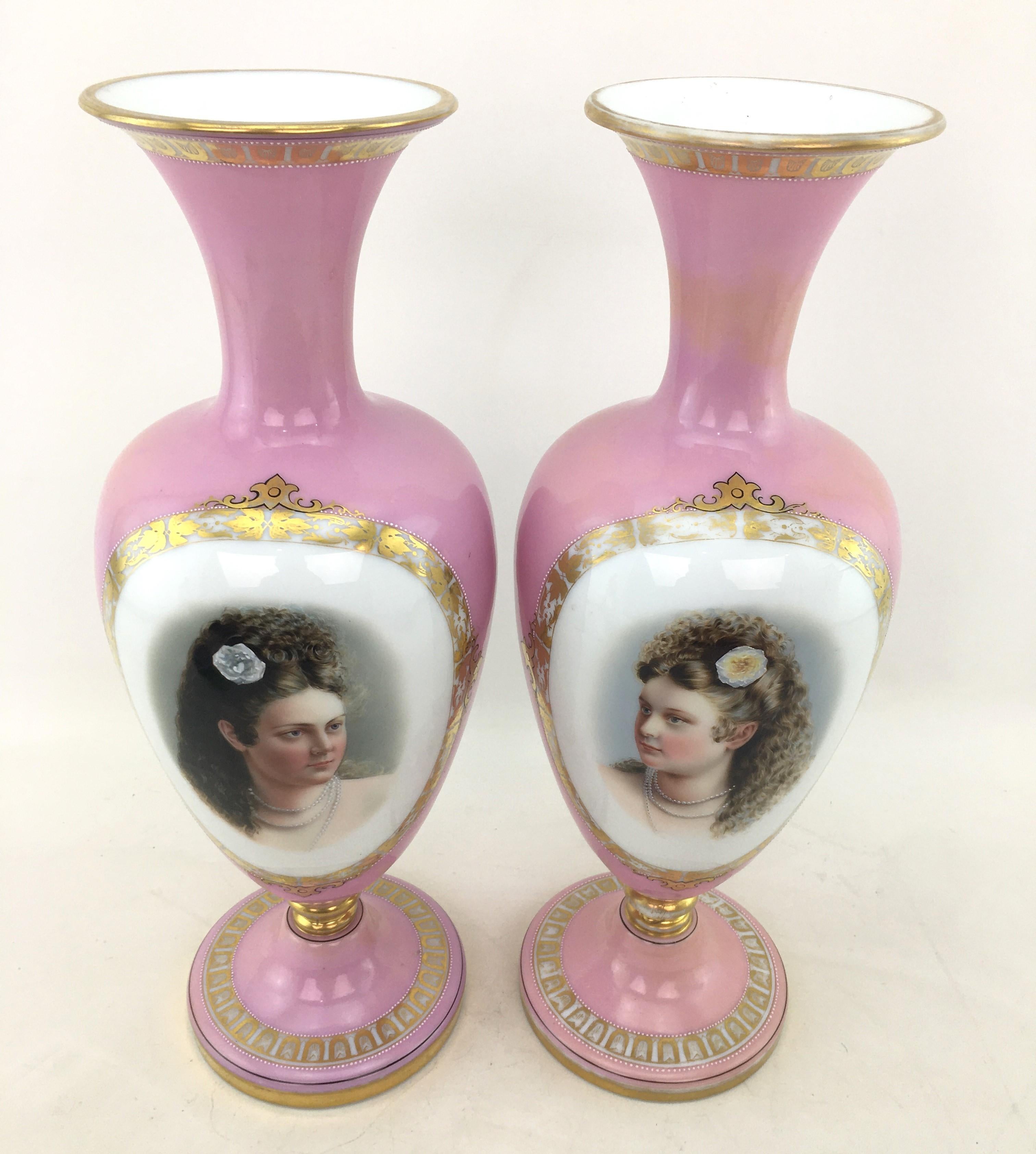 Pair of Large Antique Pink Enameled Glass Portrait Vases with Gilt Accents 11