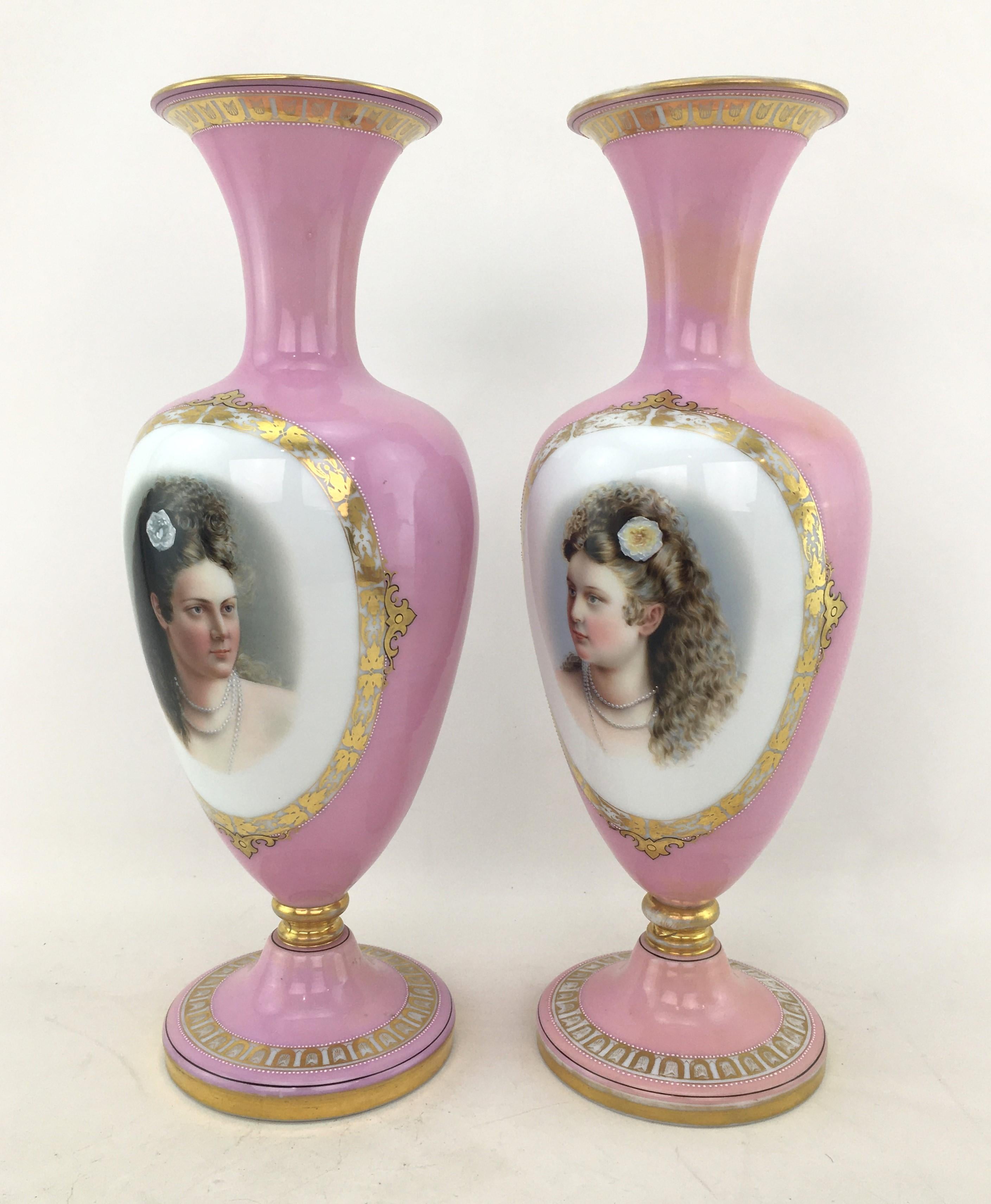 Late Victorian Pair of Large Antique Pink Enameled Glass Portrait Vases with Gilt Accents For Sale
