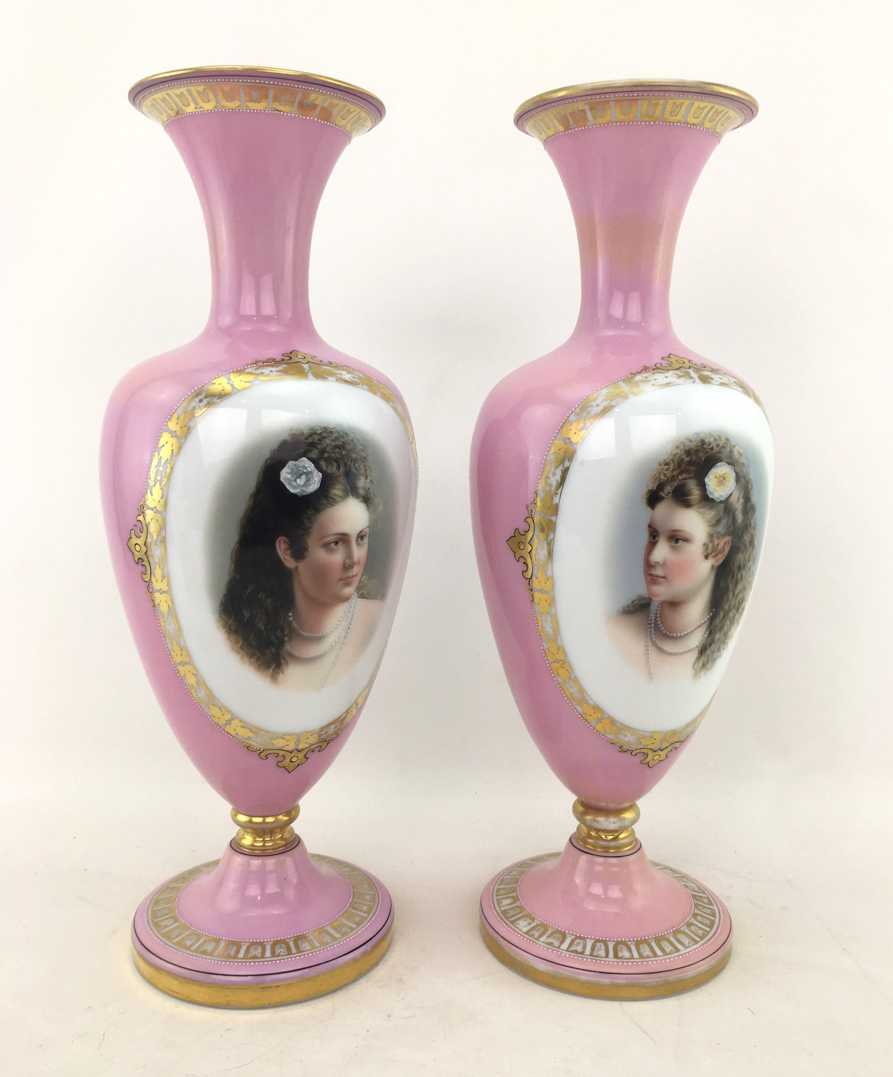 Austrian Pair of Large Antique Pink Enameled Glass Portrait Vases with Gilt Accents For Sale