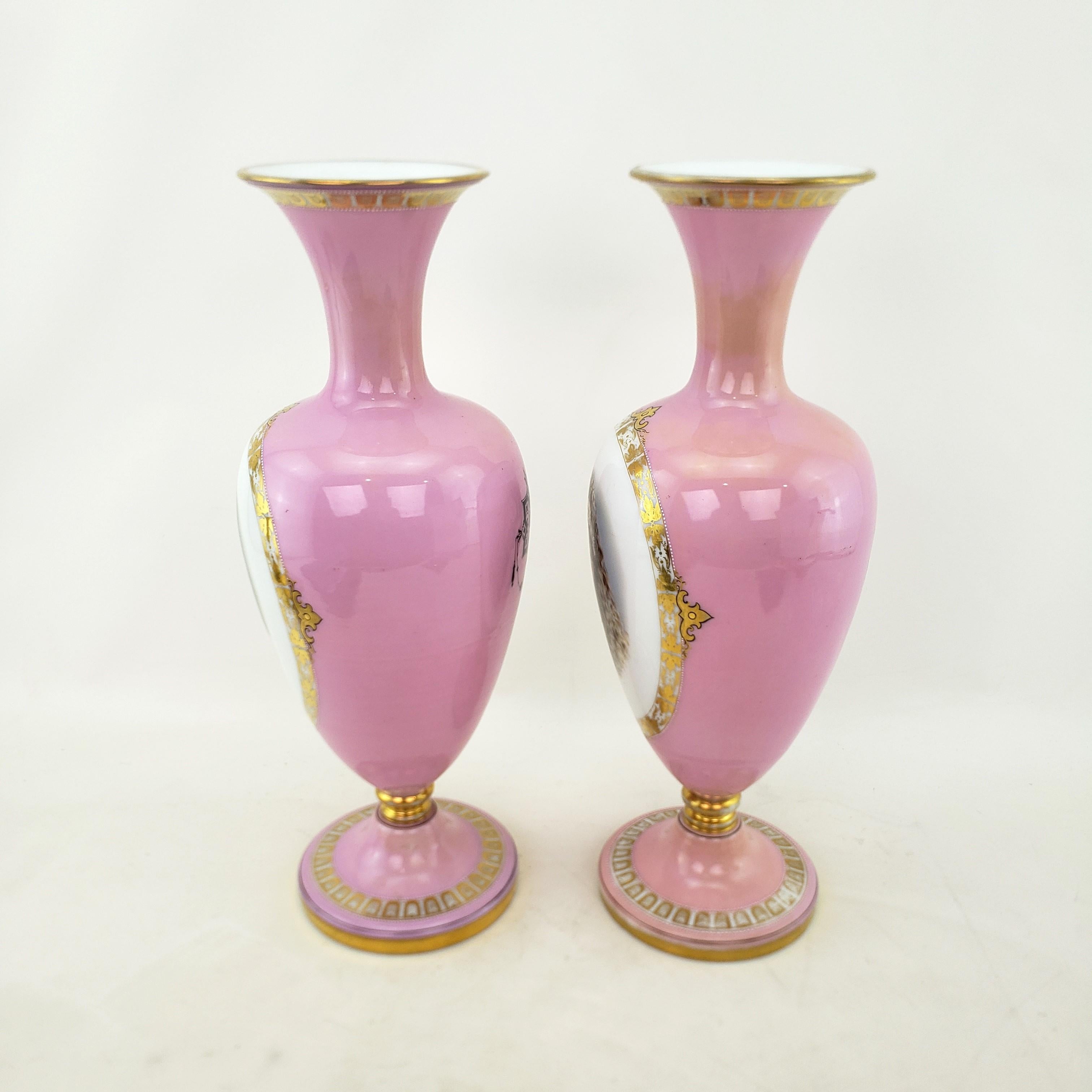 Pair of Large Antique Pink Enameled Glass Portrait Vases with Gilt Accents In Good Condition For Sale In Hamilton, Ontario