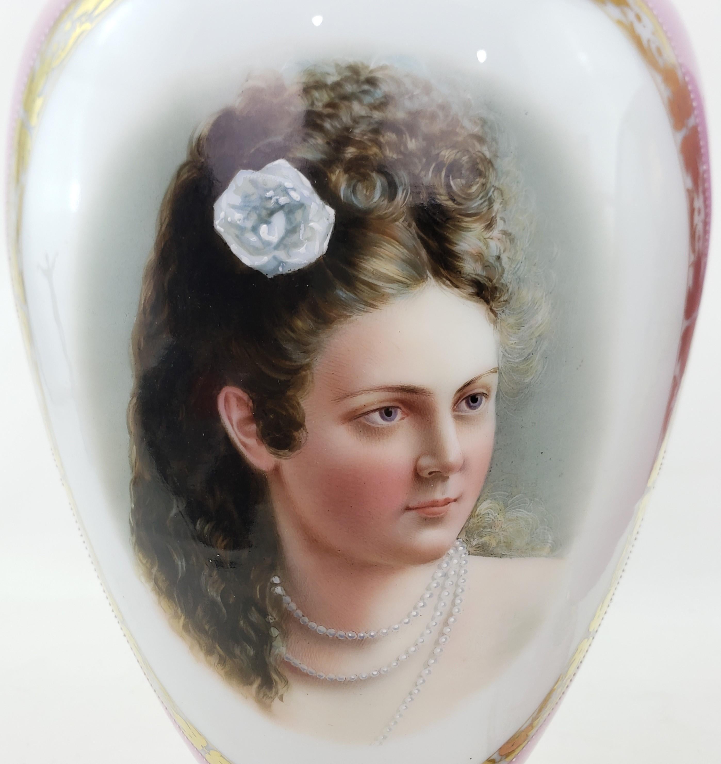 20th Century Pair of Large Antique Pink Enameled Glass Portrait Vases with Gilt Accents
