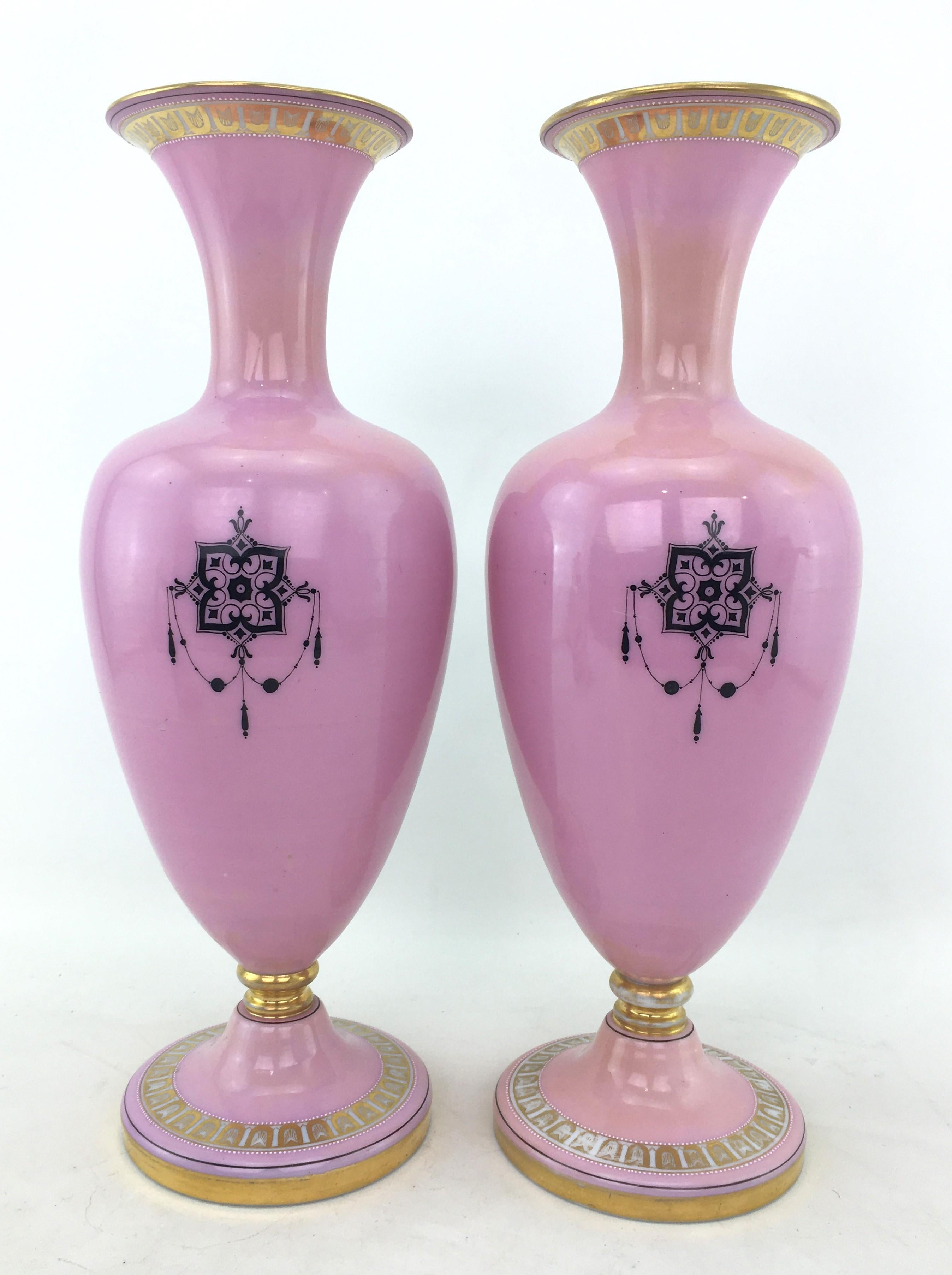 Pair of Large Antique Pink Enameled Glass Portrait Vases with Gilt Accents For Sale 1