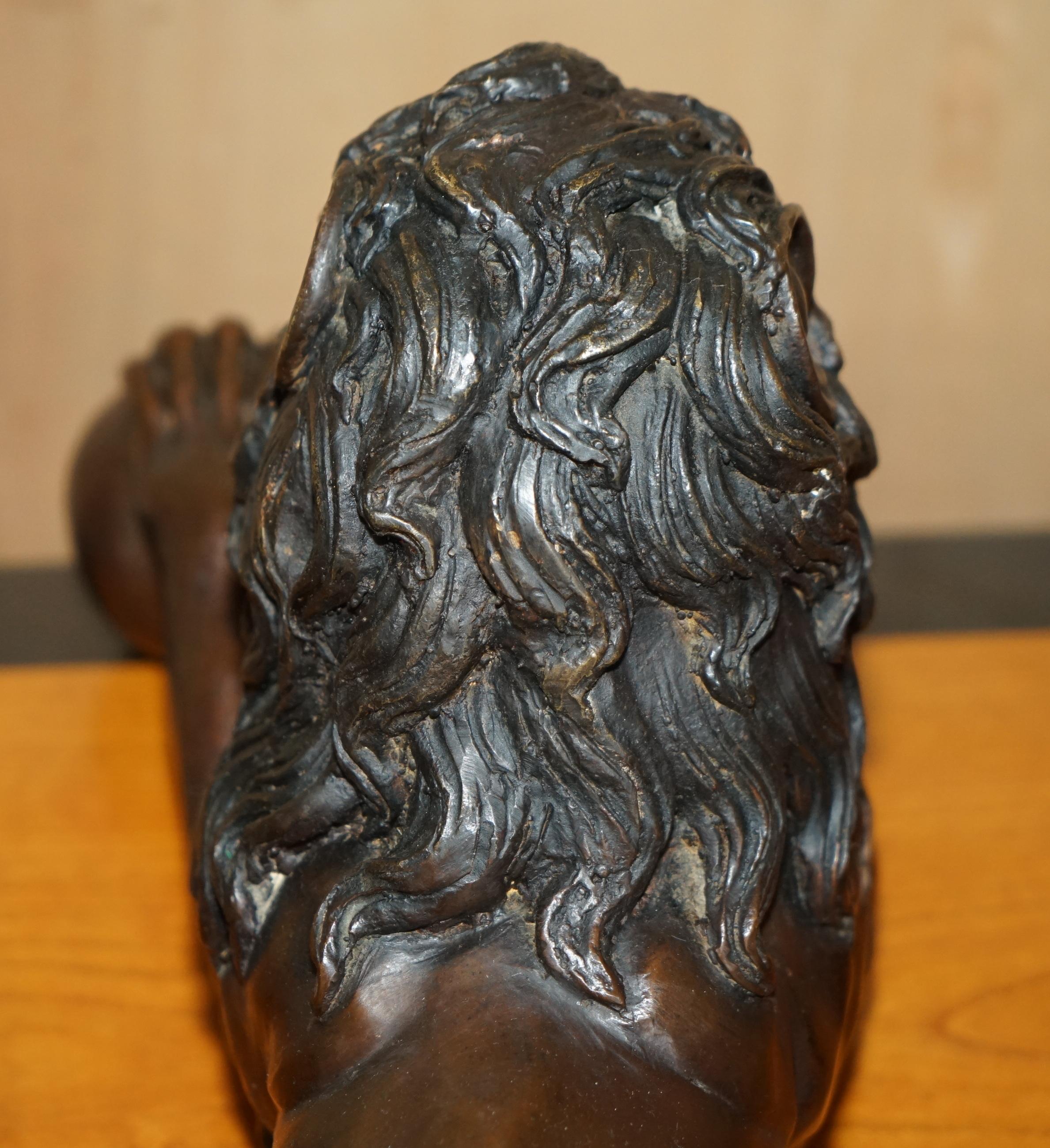 COPPIA DI GRANDI STATUE DI LEONE RECUMBANTE ANTICO IN BRONZO SUPER DECORATIVE DA VEDERE in vendita 5