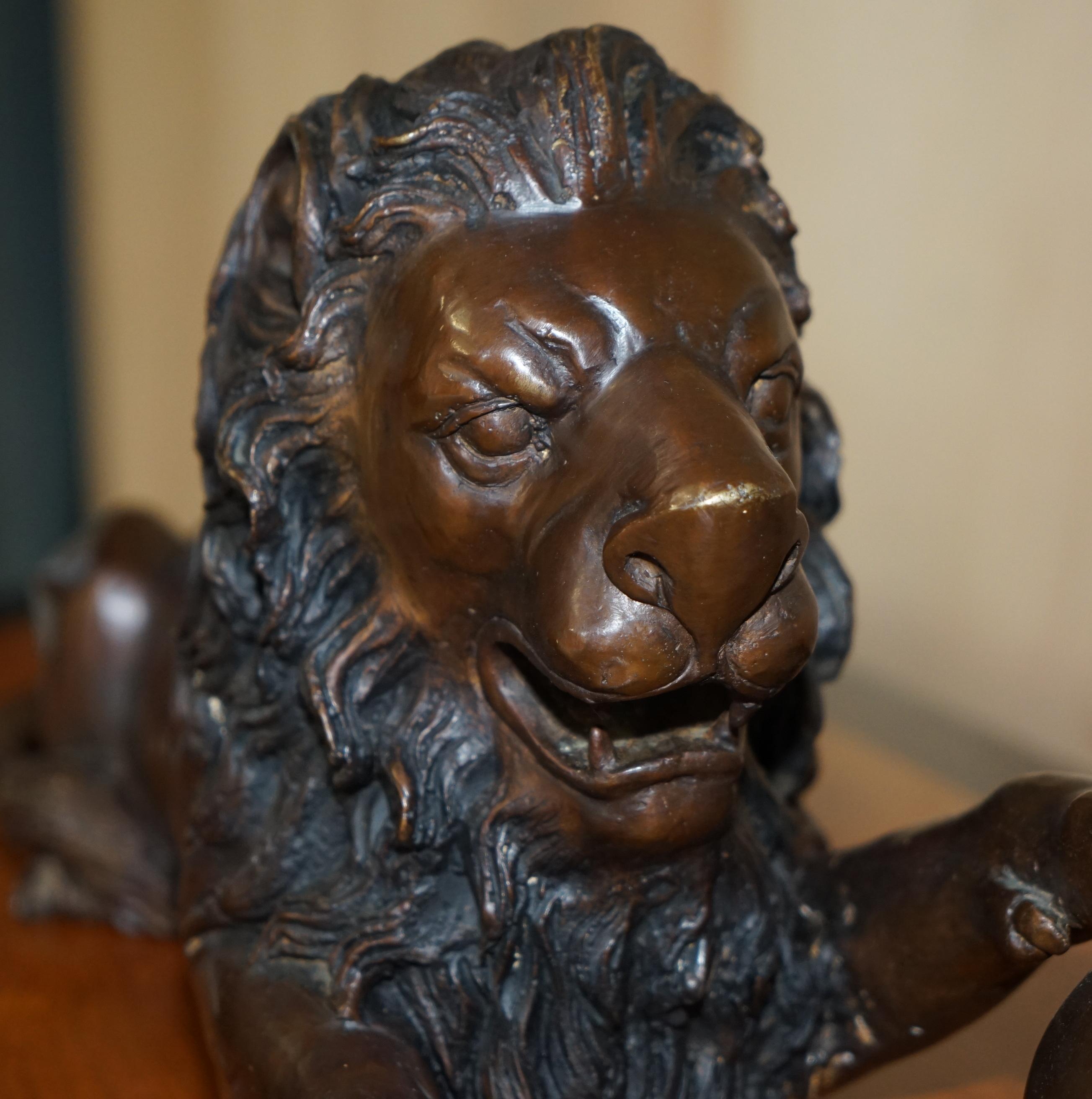 Hand-Crafted PAIR OF LARGE ANTiQUE RECUMBENT LION BRONZE STATUES SUPER DECORATIVE MUST SEE For Sale