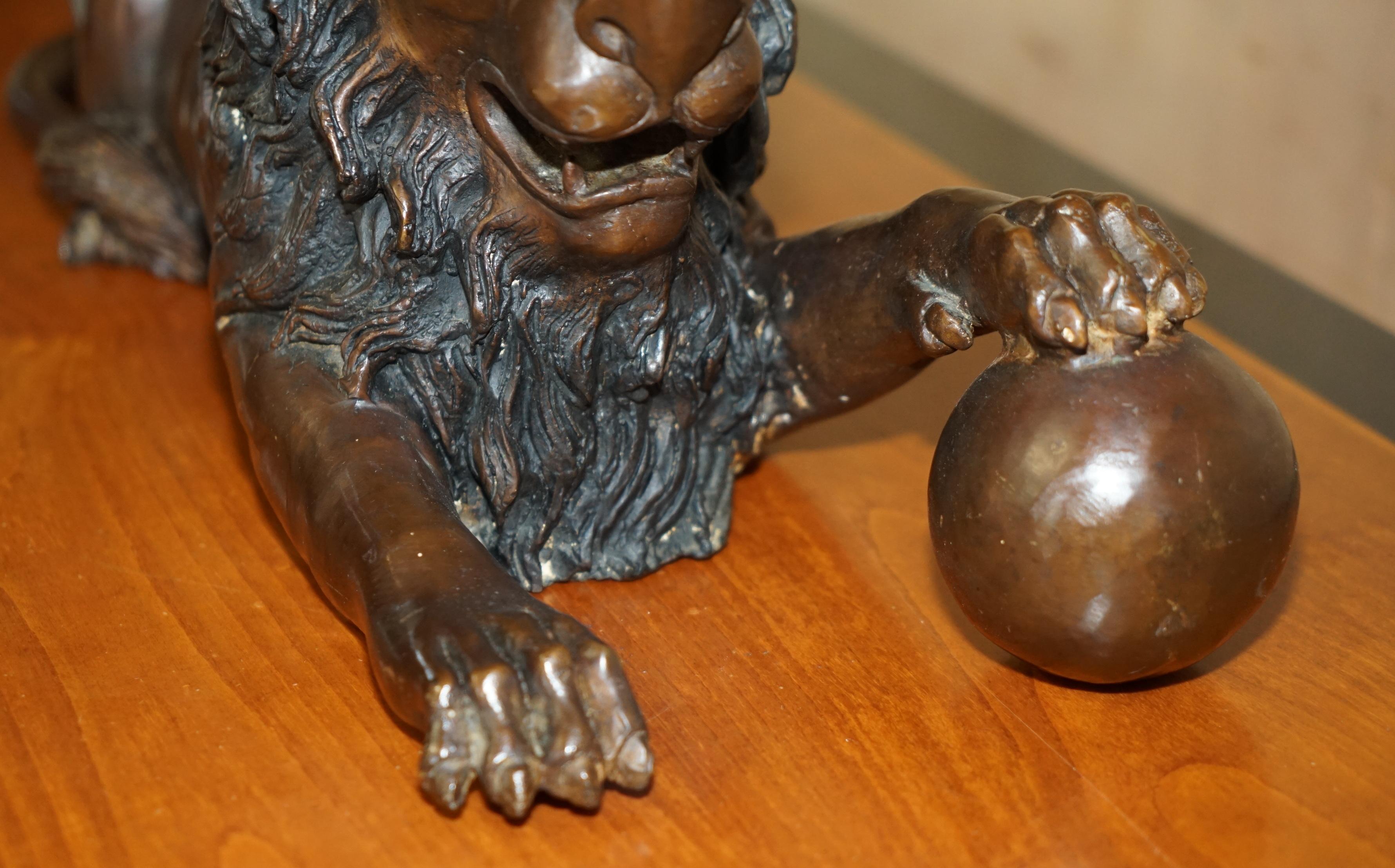 20th Century PAIR OF LARGE ANTiQUE RECUMBENT LION BRONZE STATUES SUPER DECORATIVE MUST SEE For Sale