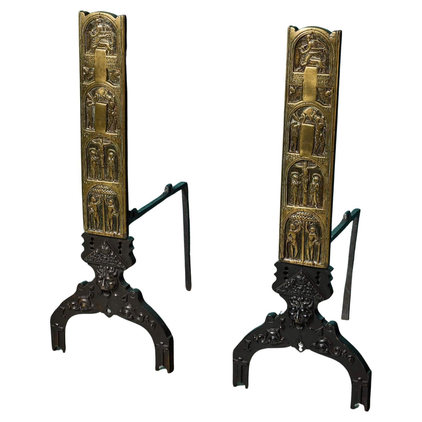 Pair of Large Antique Religious Fire Dogs For Sale