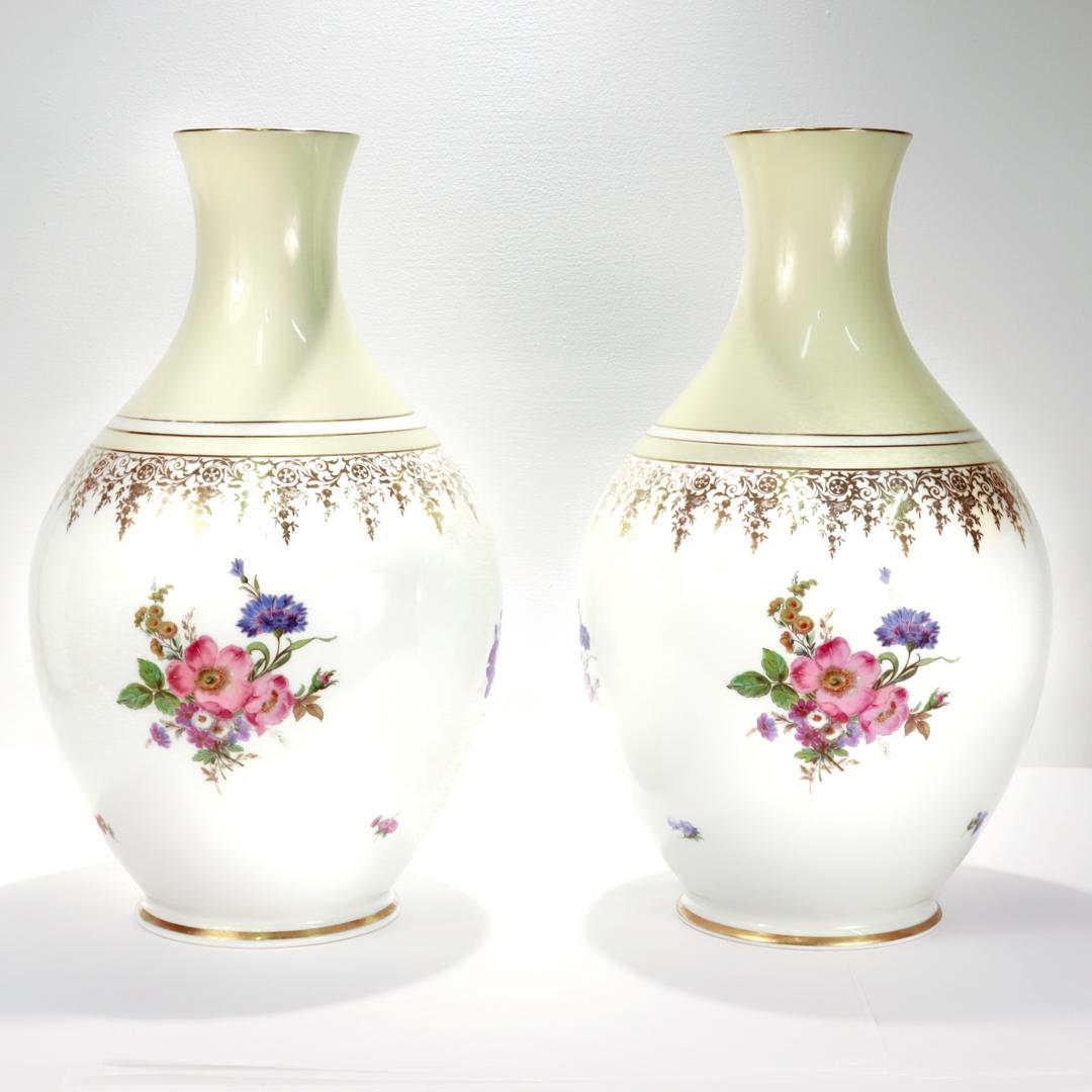 German Pair of Large Antique Rosenthal Gilt Bouquet Vases with Floral Decoration For Sale