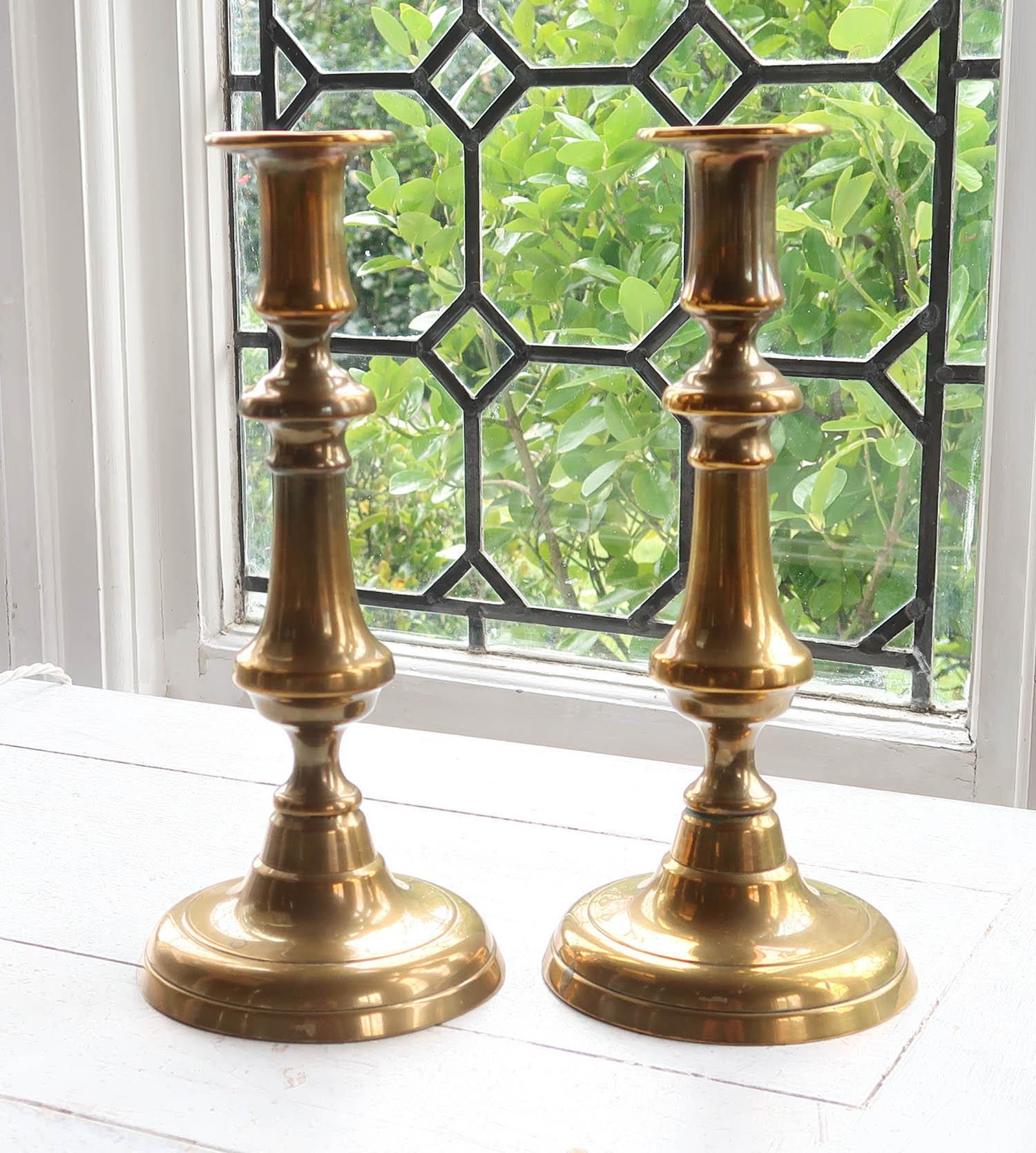Rustic Pair of Large Antique Round Base Brass Candlesticks, English, 19th Century For Sale