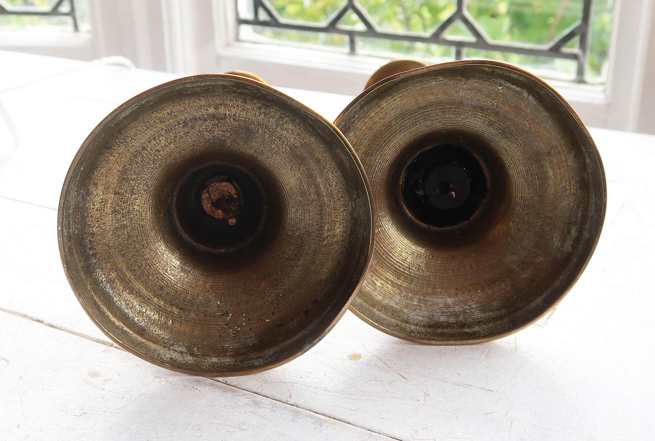Turned Pair of Large Antique Round Base Brass Candlesticks, English, 19th Century For Sale