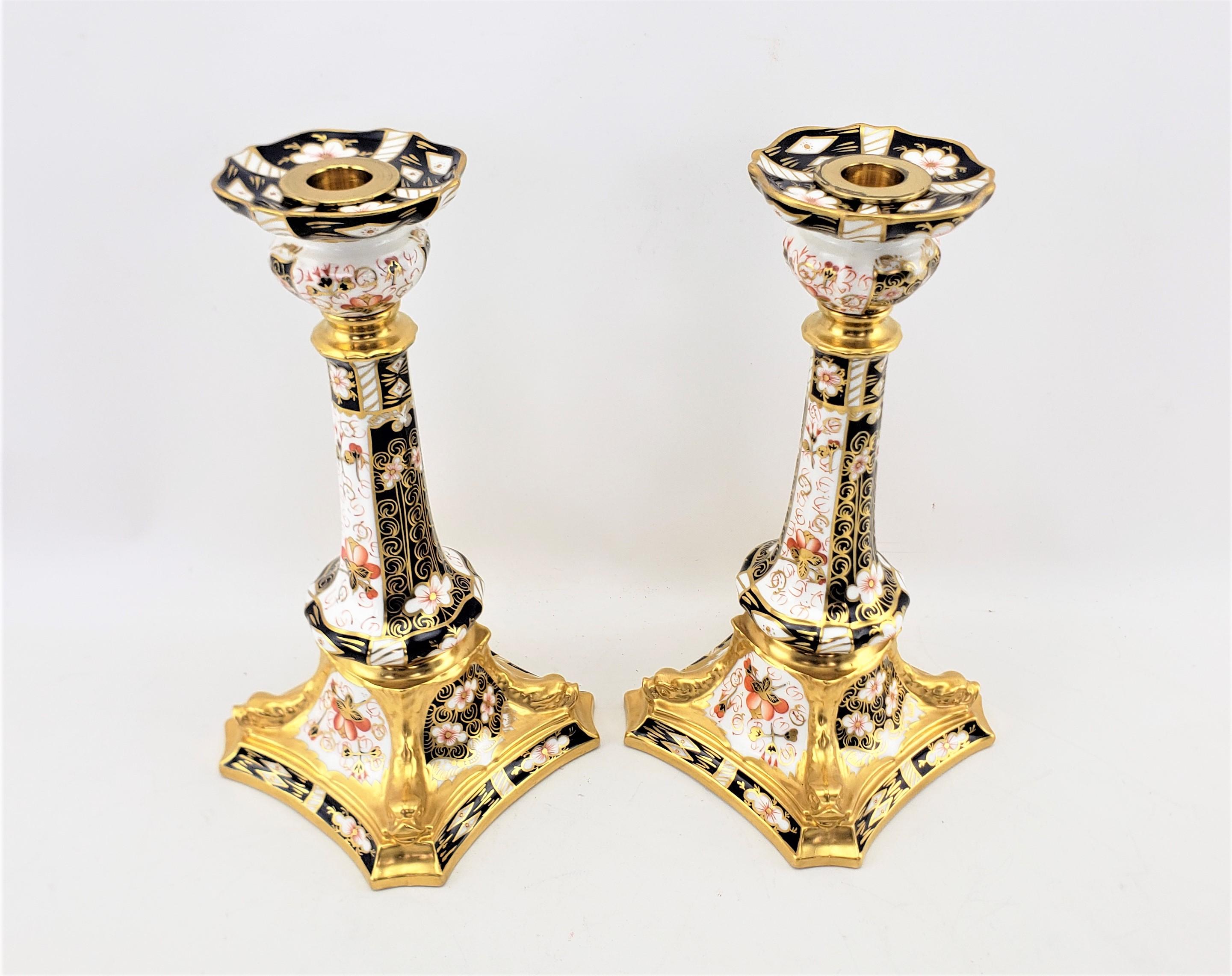 20th Century Pair of Large Antique Royal Crown Derby 2451 Imari Dolphin Candlesticks For Sale