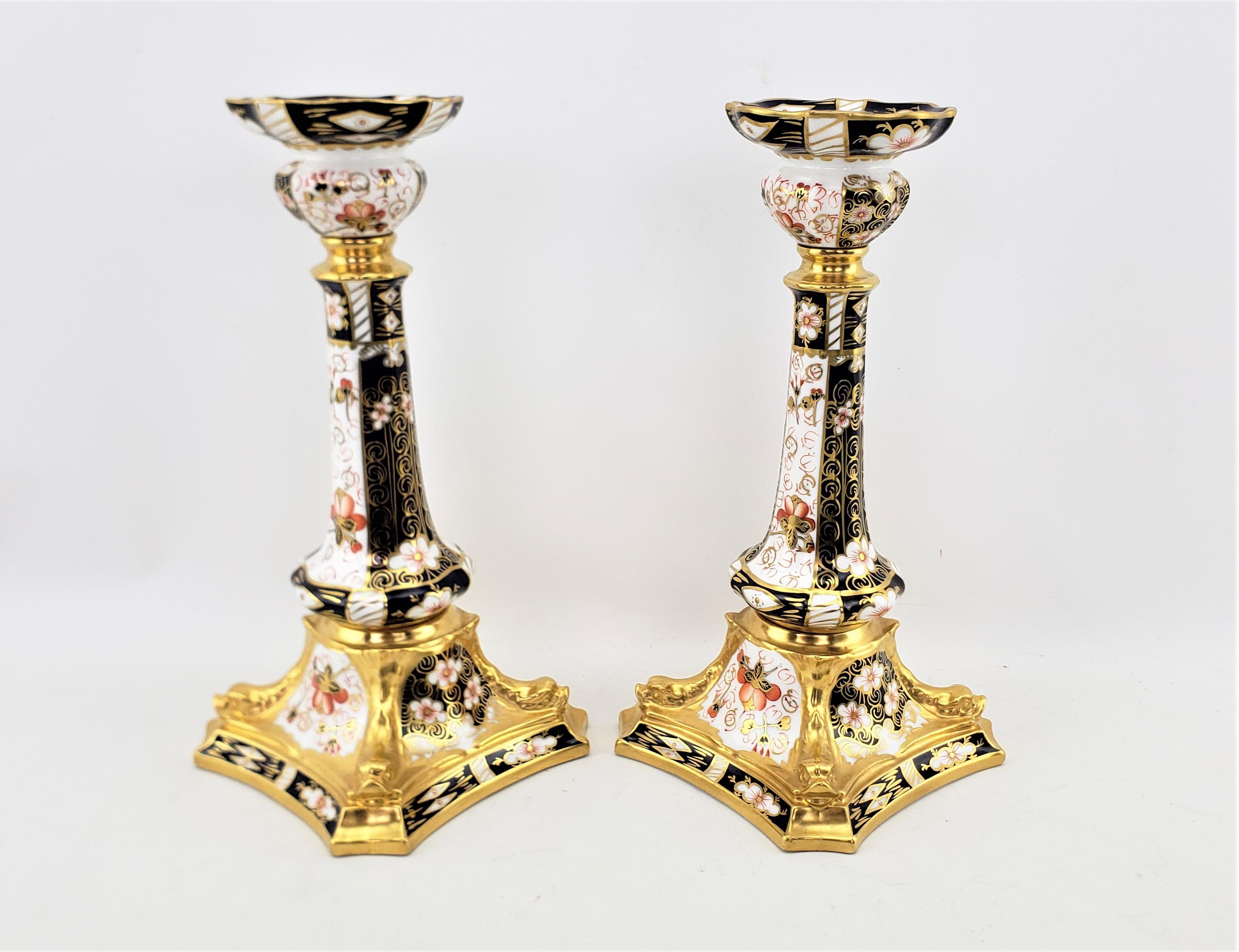 Porcelain Pair of Large Antique Royal Crown Derby 2451 Imari Dolphin Candlesticks For Sale