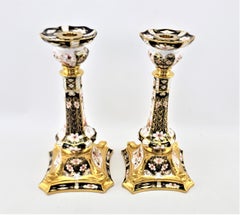 Pair of Large Antique Royal Crown Derby 2451 Imari Dolphin Candlesticks
