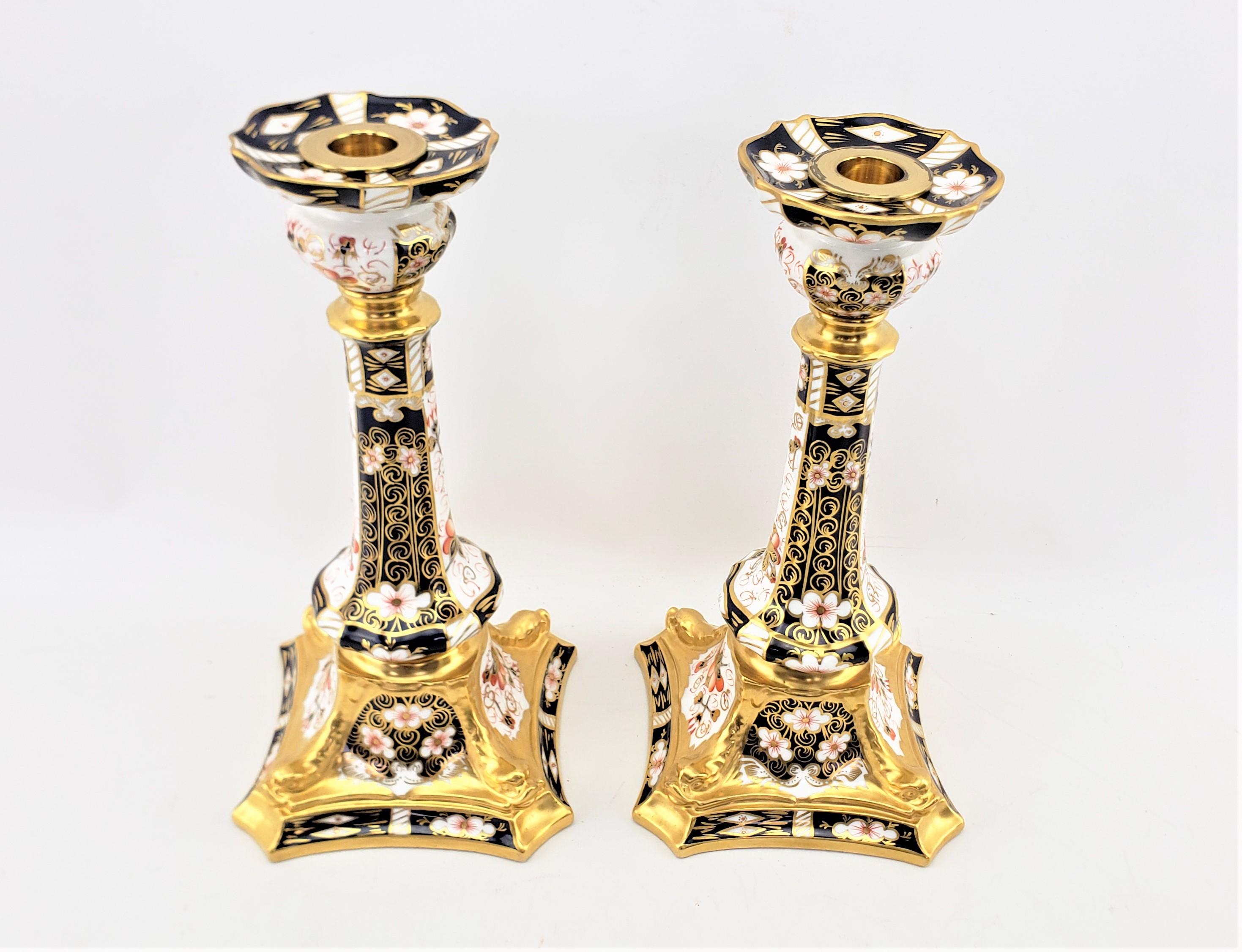 Hand-Painted Pair of Large Antique Royal Crown Derby 2451 Imari Dolphin Candlesticks For Sale
