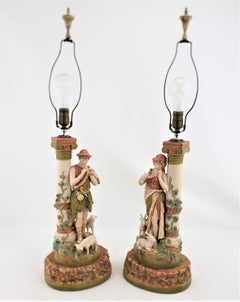Pair of Large Antique Royal Dux Attributed Table Lamps with Neoclassical Figures