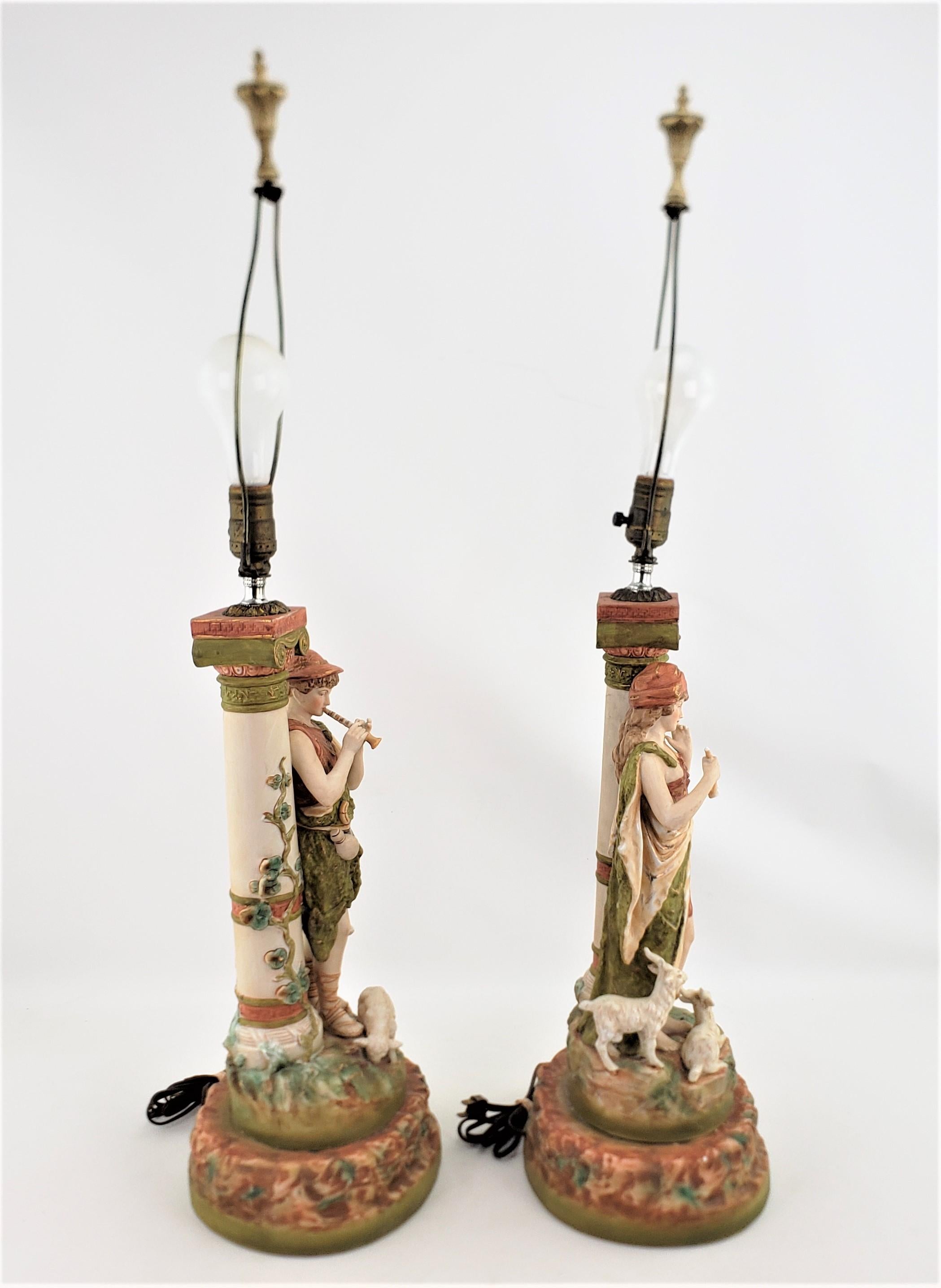 Neoclassical Revival Pair of Large Antique Royal Dux Attributed Table Lamps with Neoclassical Figures For Sale
