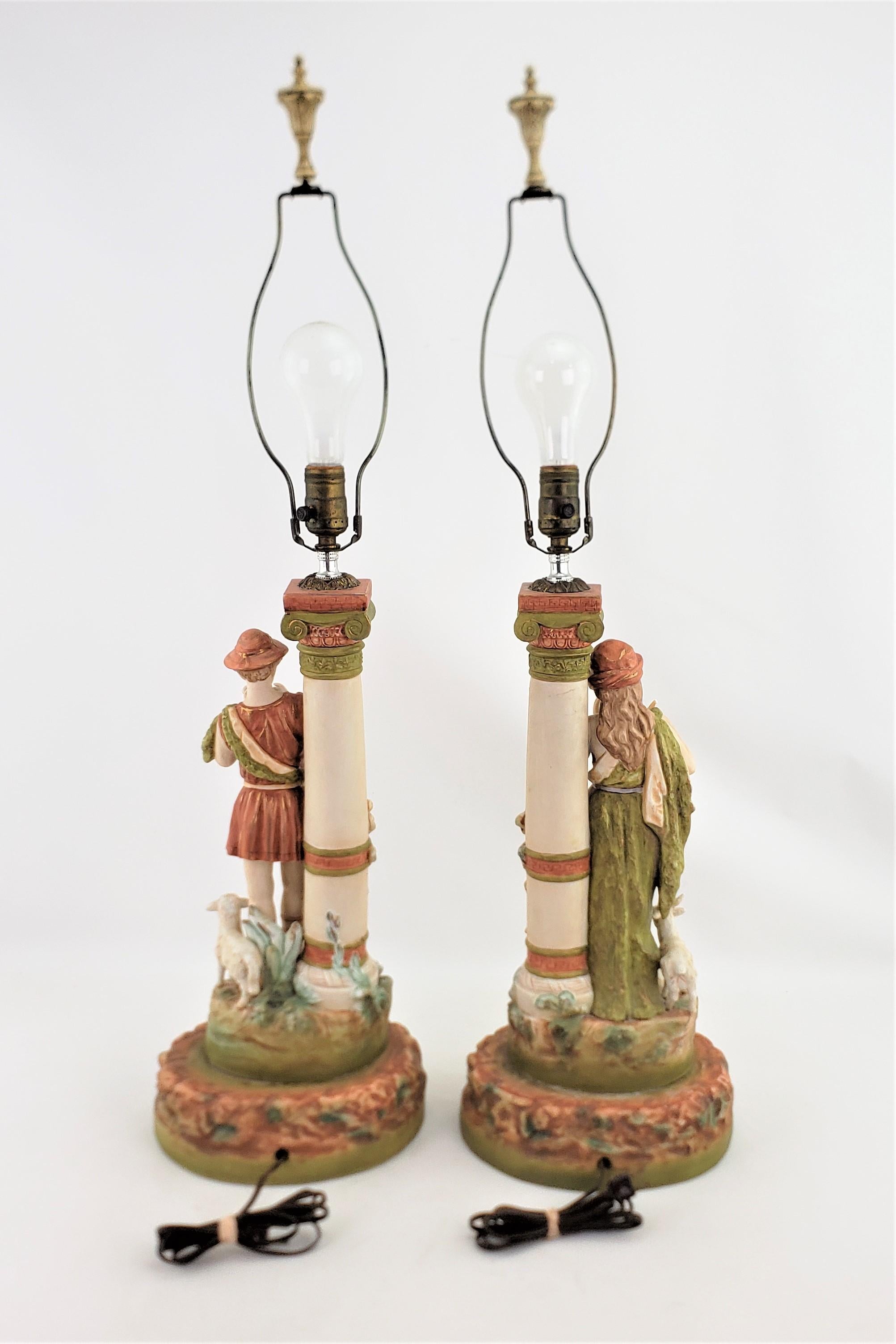 Molded Pair of Large Antique Royal Dux Attributed Table Lamps with Neoclassical Figures For Sale