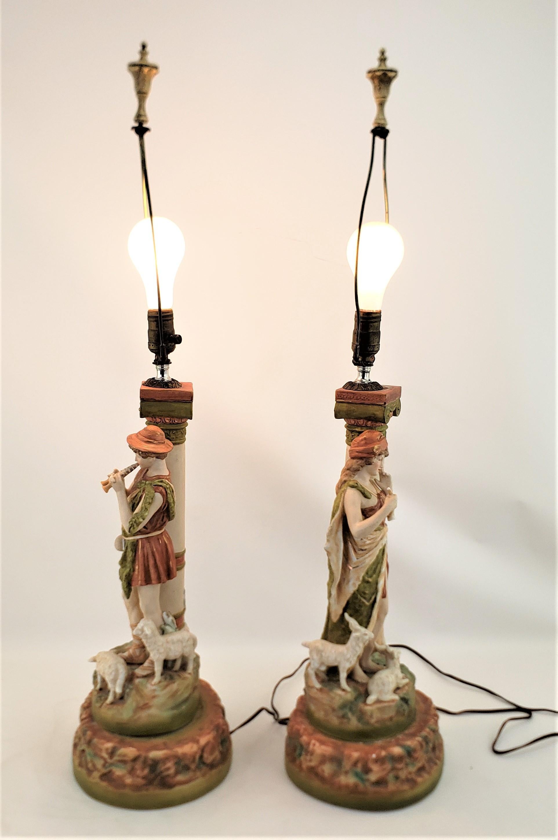 20th Century Pair of Large Antique Royal Dux Attributed Table Lamps with Neoclassical Figures For Sale