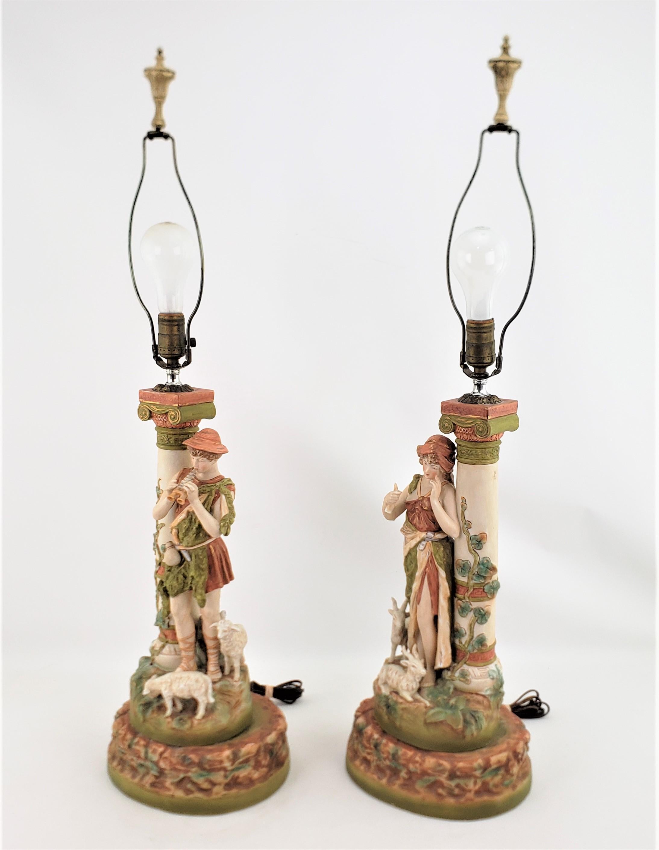 Porcelain Pair of Large Antique Royal Dux Attributed Table Lamps with Neoclassical Figures For Sale