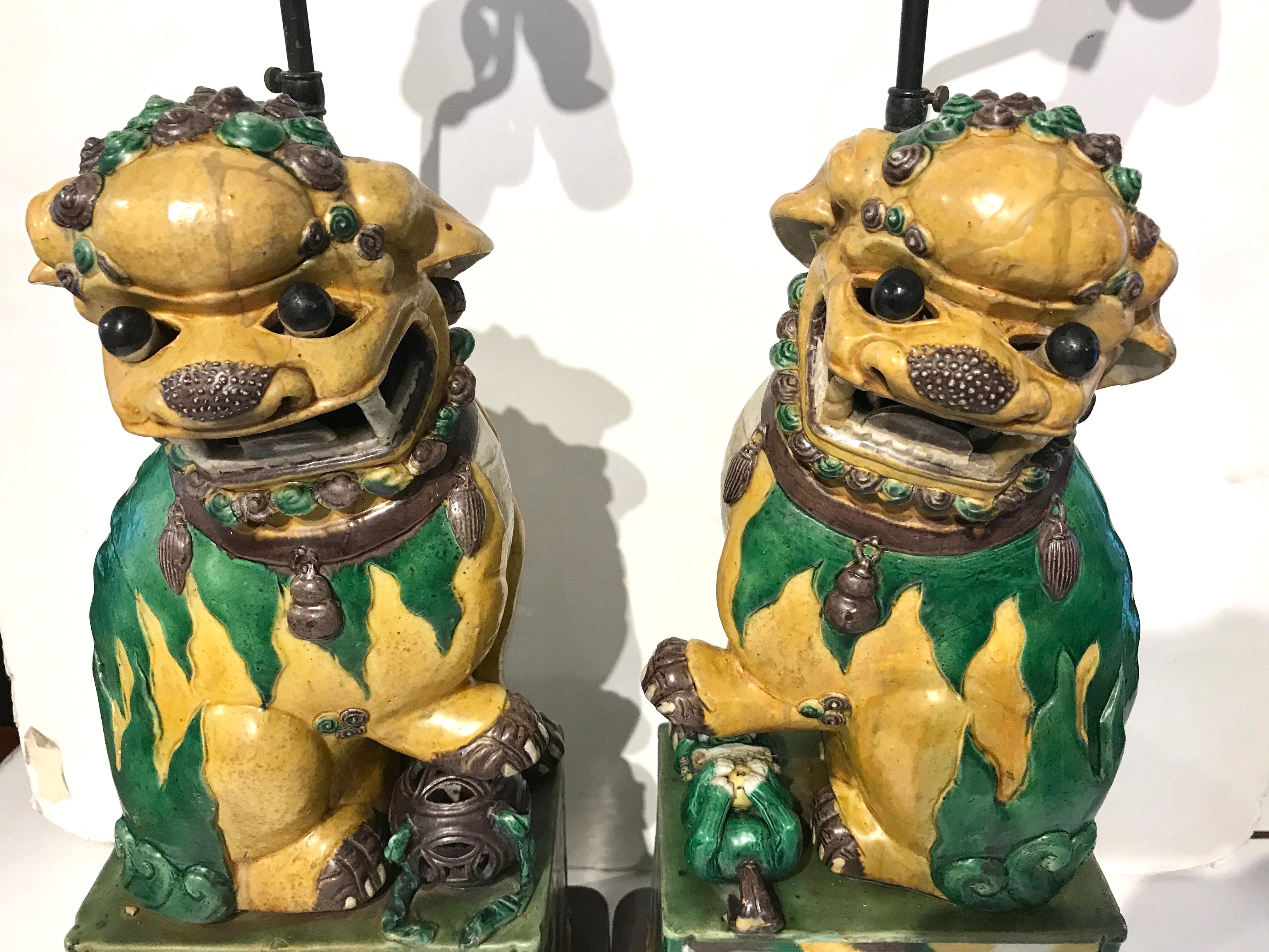 Pair of large antique Sancai Chinese export foo dogs, now as lamps
As lamps they stand 31