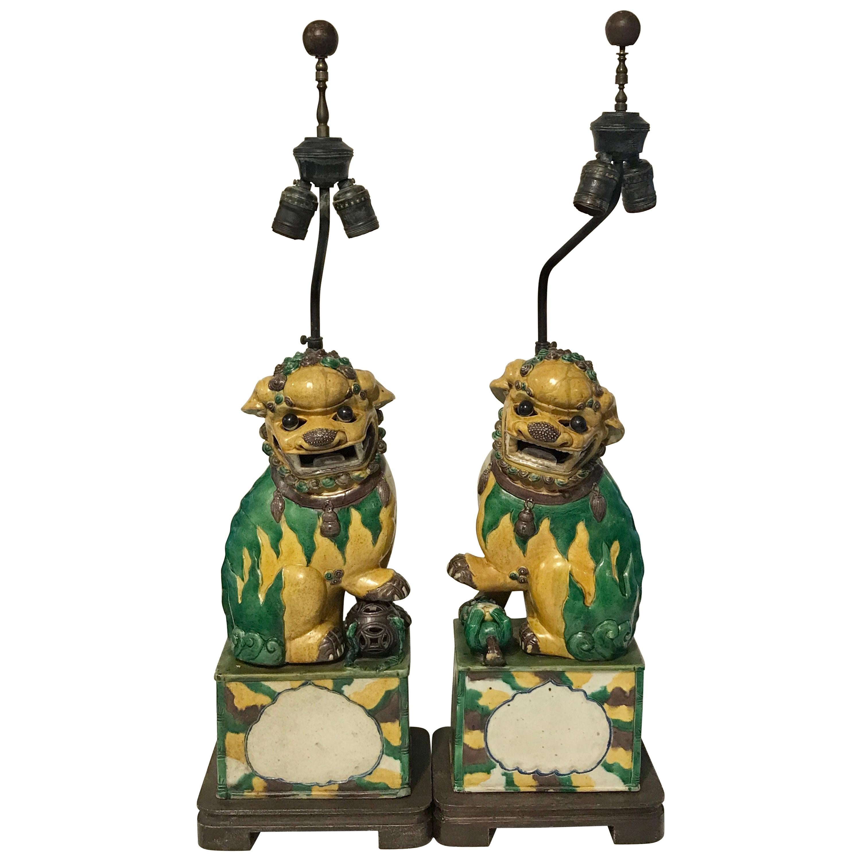 Pair of Large Antique Sancai Chinese Export Foo Dogs, Now as L