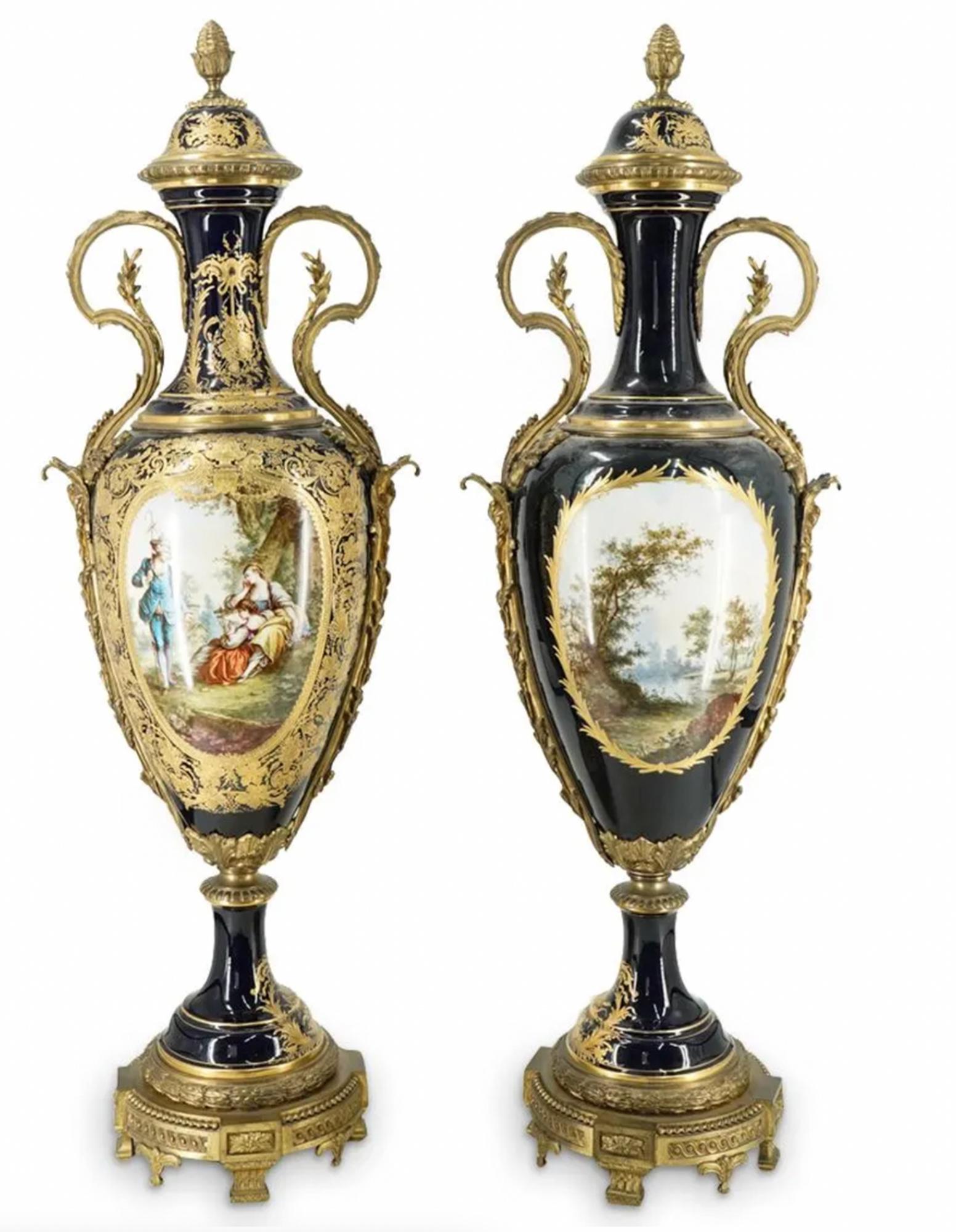 Pair of Large Antique Sevres Porcelain And Bronze Urns In Good Condition For Sale In New York, NY