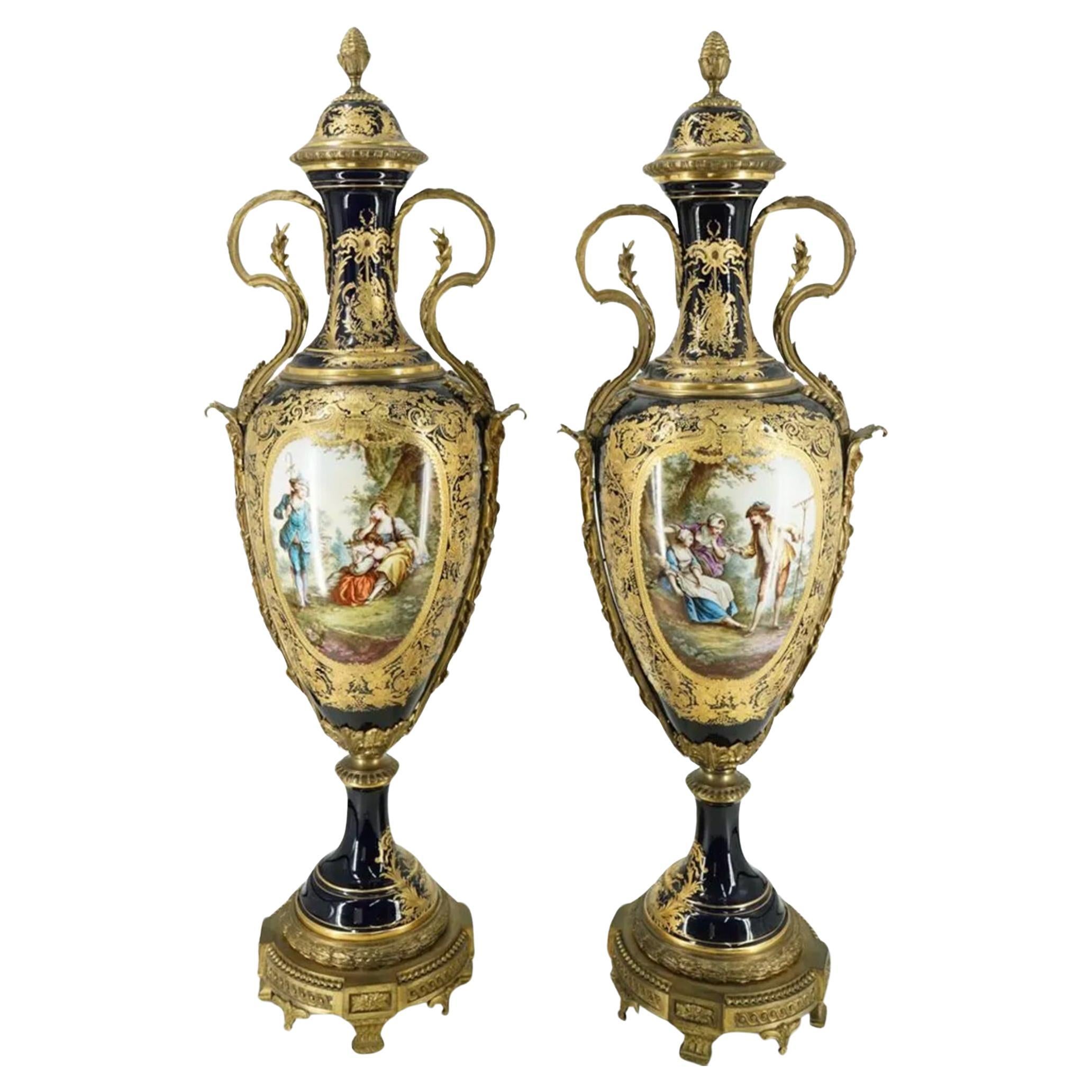 Pair of Large Antique Sevres Porcelain And Bronze Urns