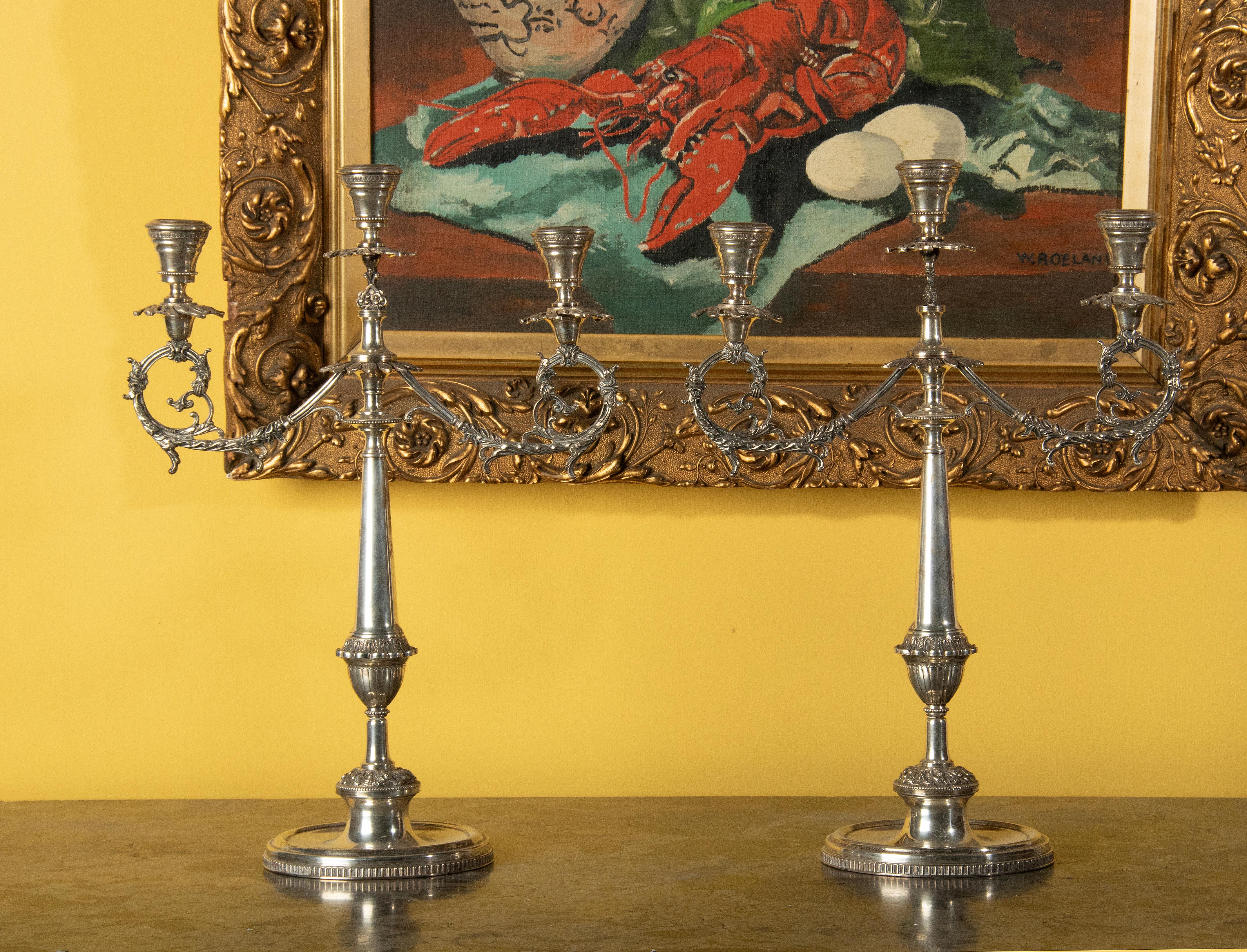 Hand-Crafted Pair of Large Antique Silver Candlesticks, 800 Silver from Italy For Sale
