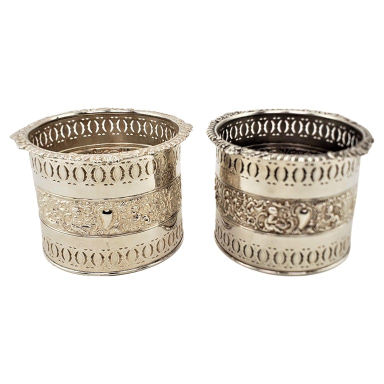 Pair of Large Antique Silver Plated Bottle Coasters with Repousse