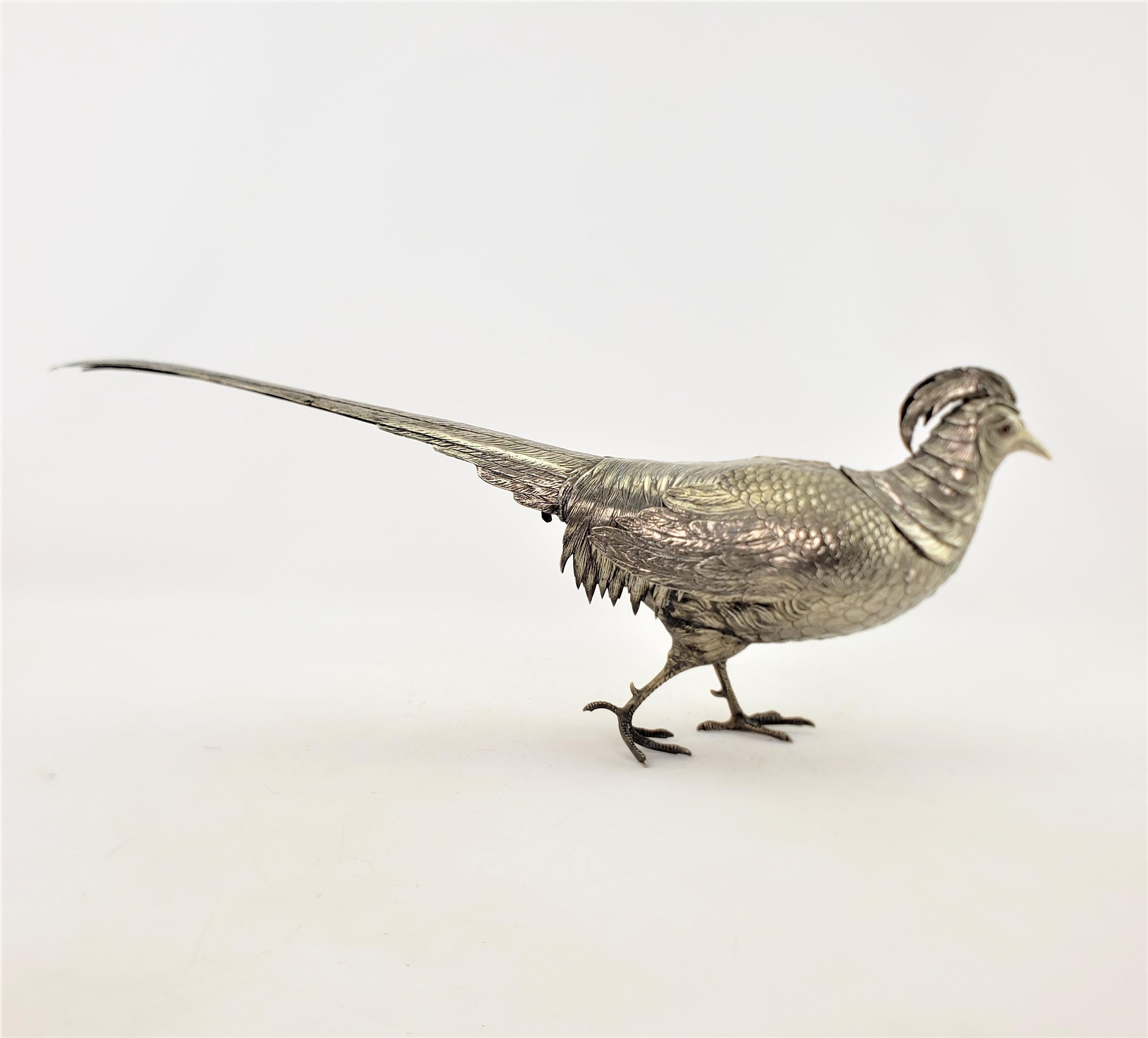 Pair of Large Antique Silver Plated Pheasant Sculptures with Articulated Wings For Sale 2