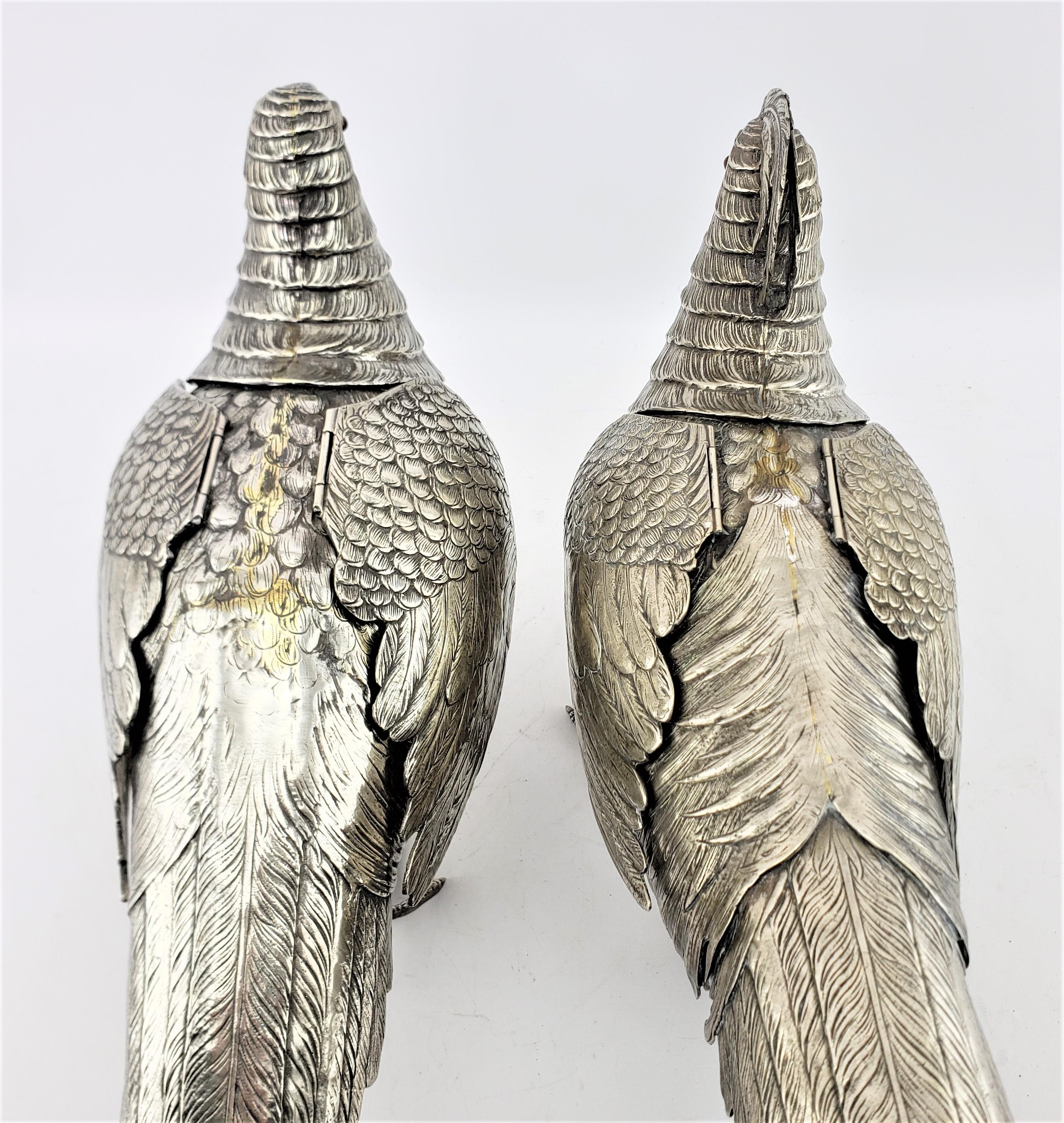 Pair of Large Antique Silver Plated Pheasant Sculptures with Articulated Wings For Sale 7