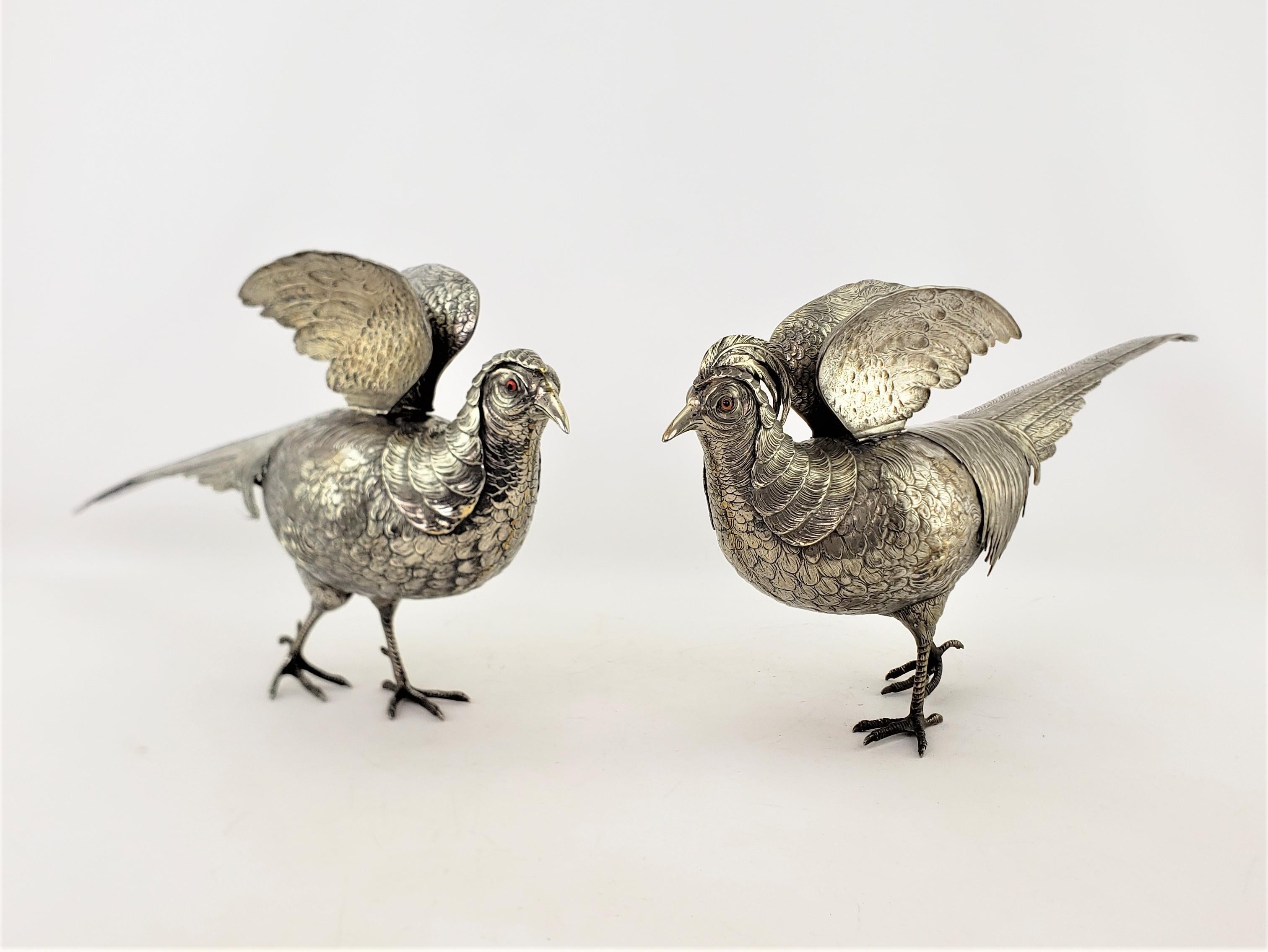 High Victorian Pair of Large Antique Silver Plated Pheasant Sculptures with Articulated Wings For Sale