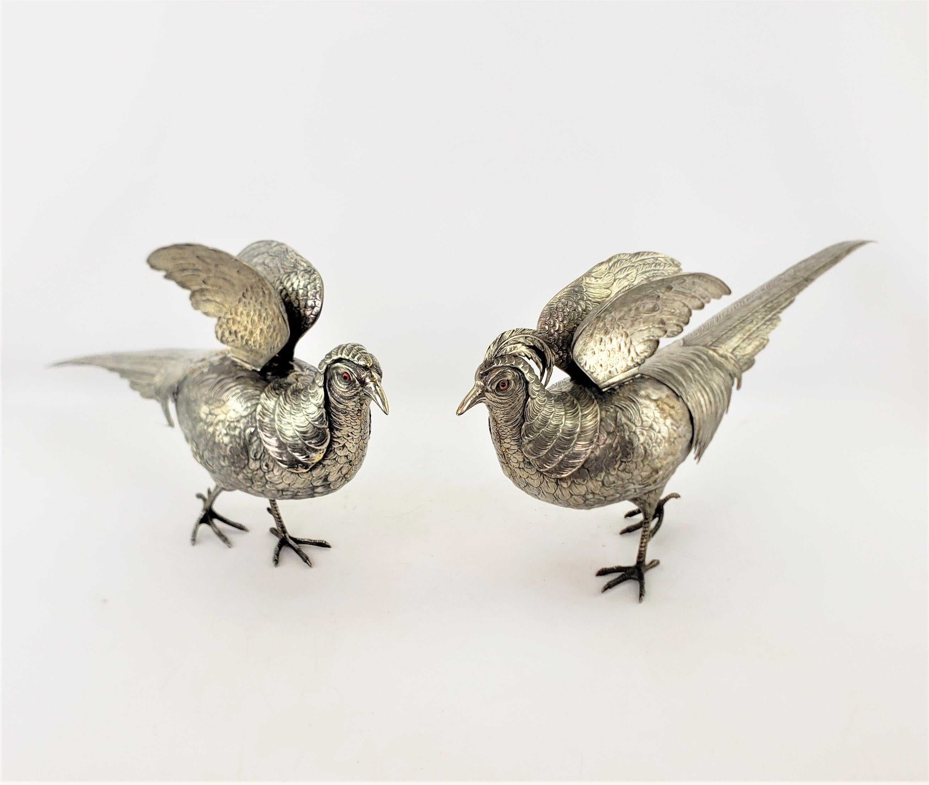 Italian Pair of Large Antique Silver Plated Pheasant Sculptures with Articulated Wings For Sale