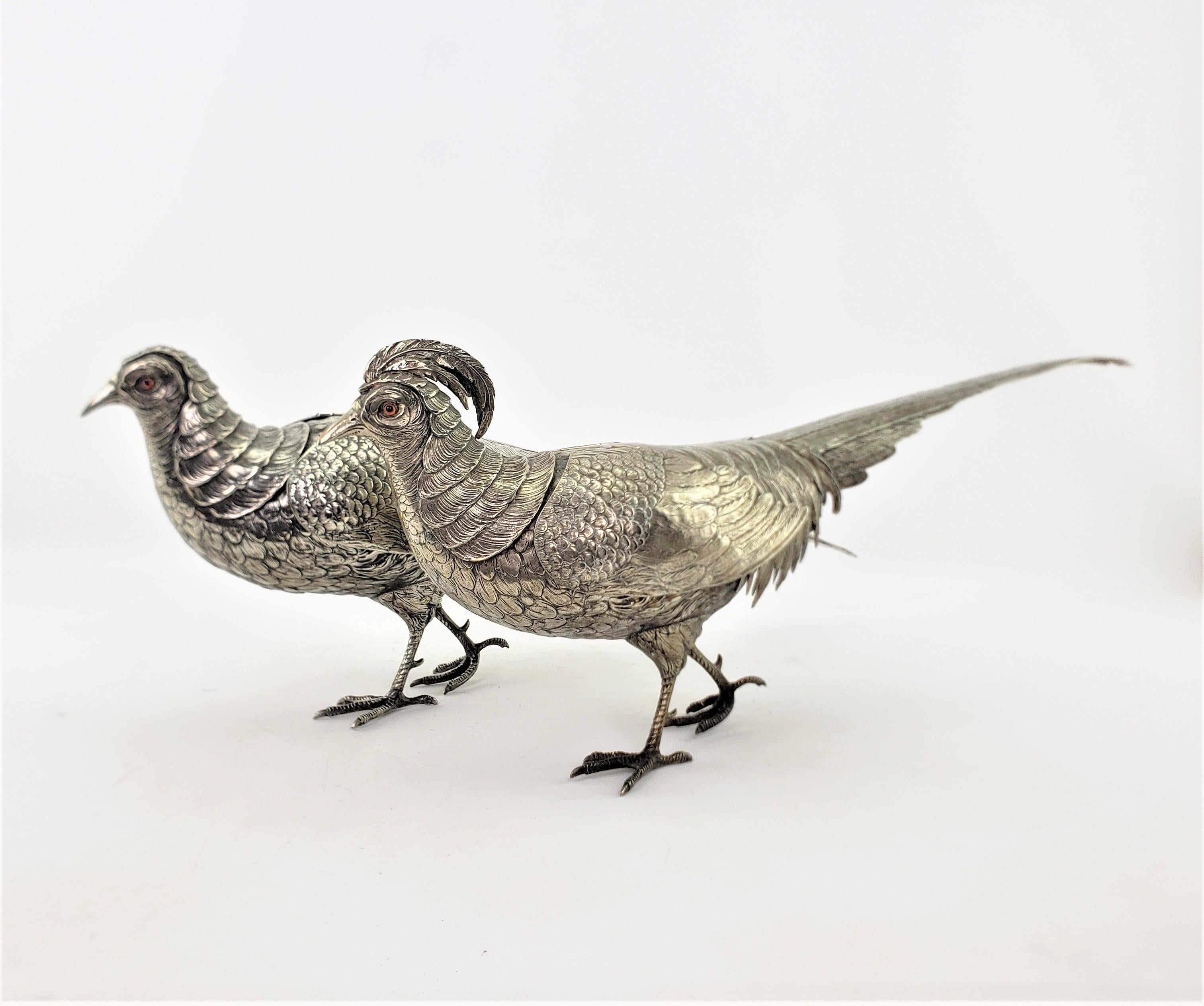Cast Pair of Large Antique Silver Plated Pheasant Sculptures with Articulated Wings For Sale