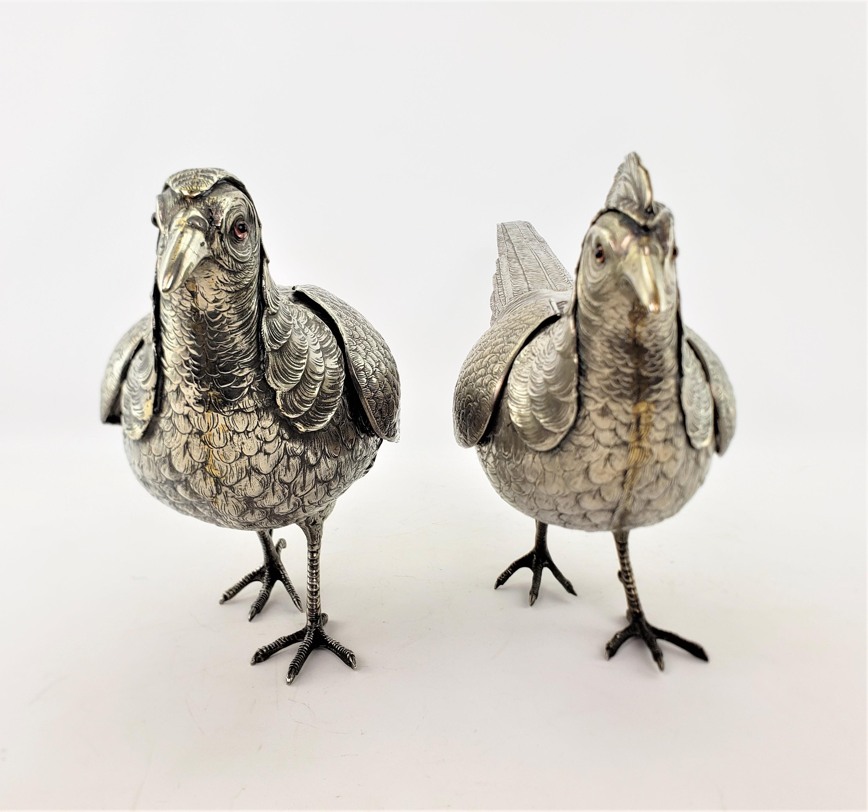 Pair of Large Antique Silver Plated Pheasant Sculptures with Articulated Wings In Good Condition For Sale In Hamilton, Ontario