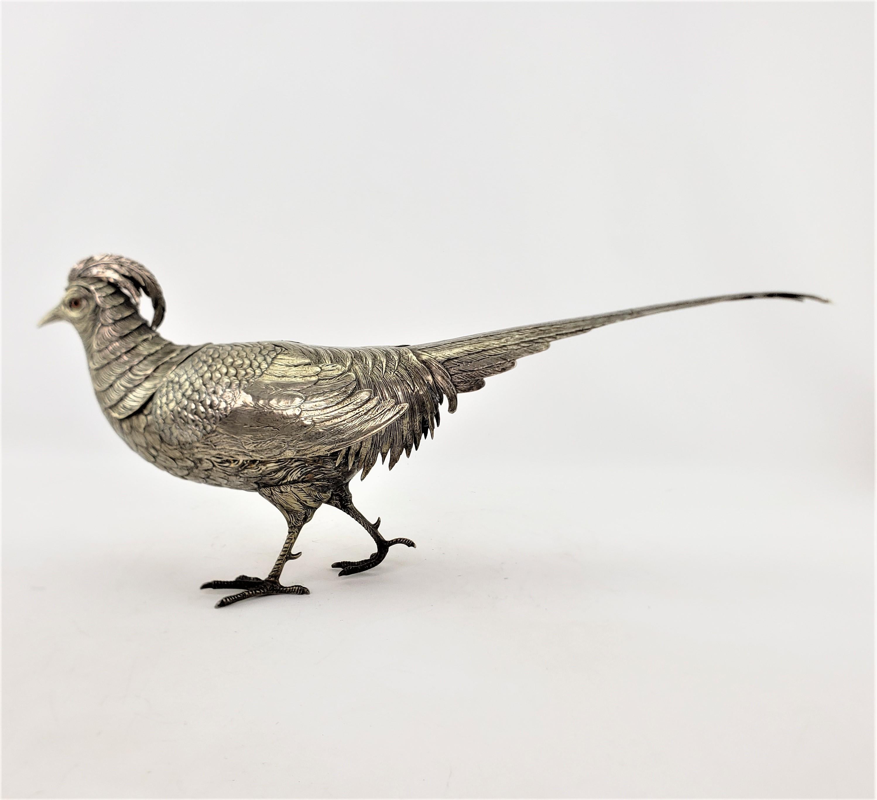Pair of Large Antique Silver Plated Pheasant Sculptures with Articulated Wings For Sale 1