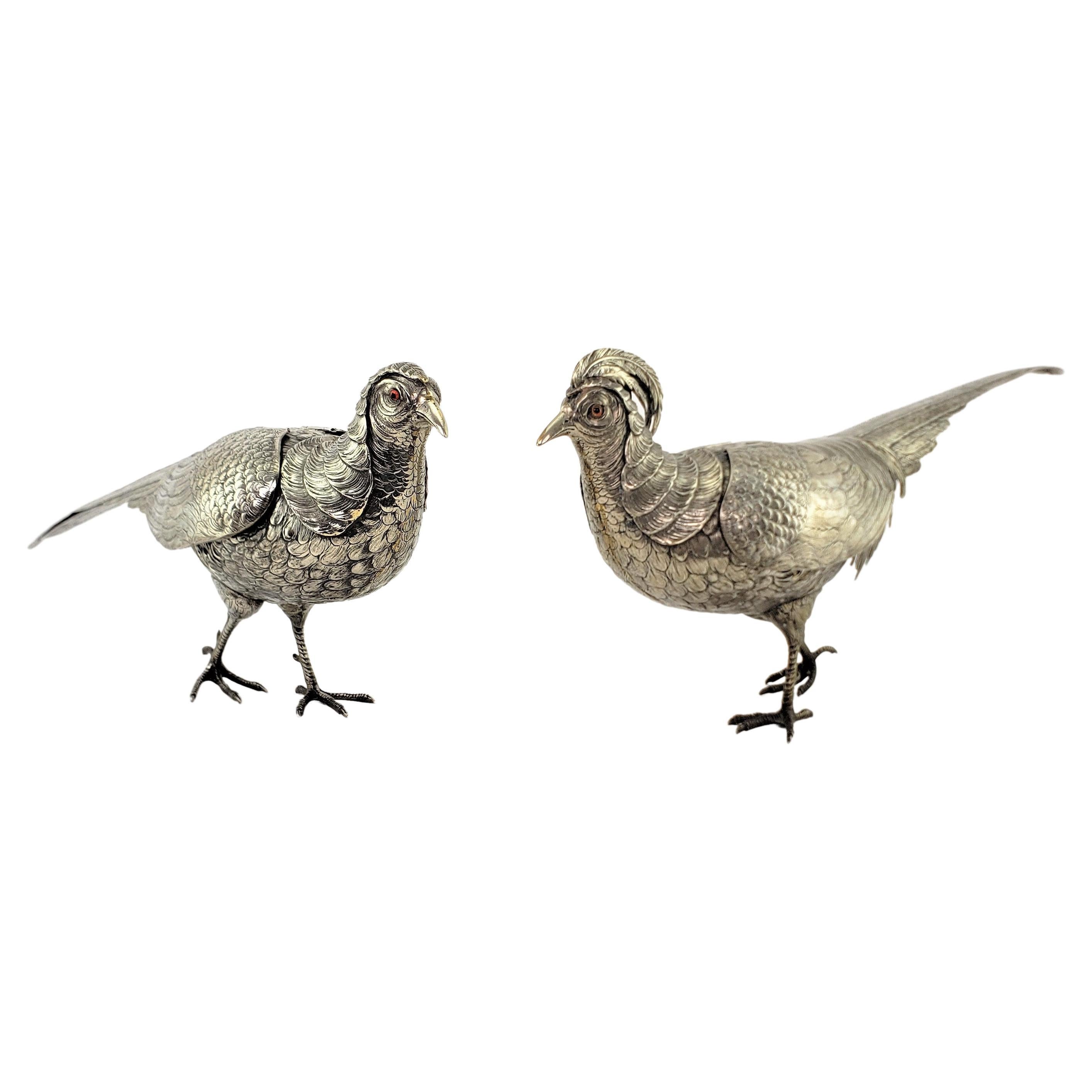 Pair of Large Antique Silver Plated Pheasant Sculptures with Articulated Wings