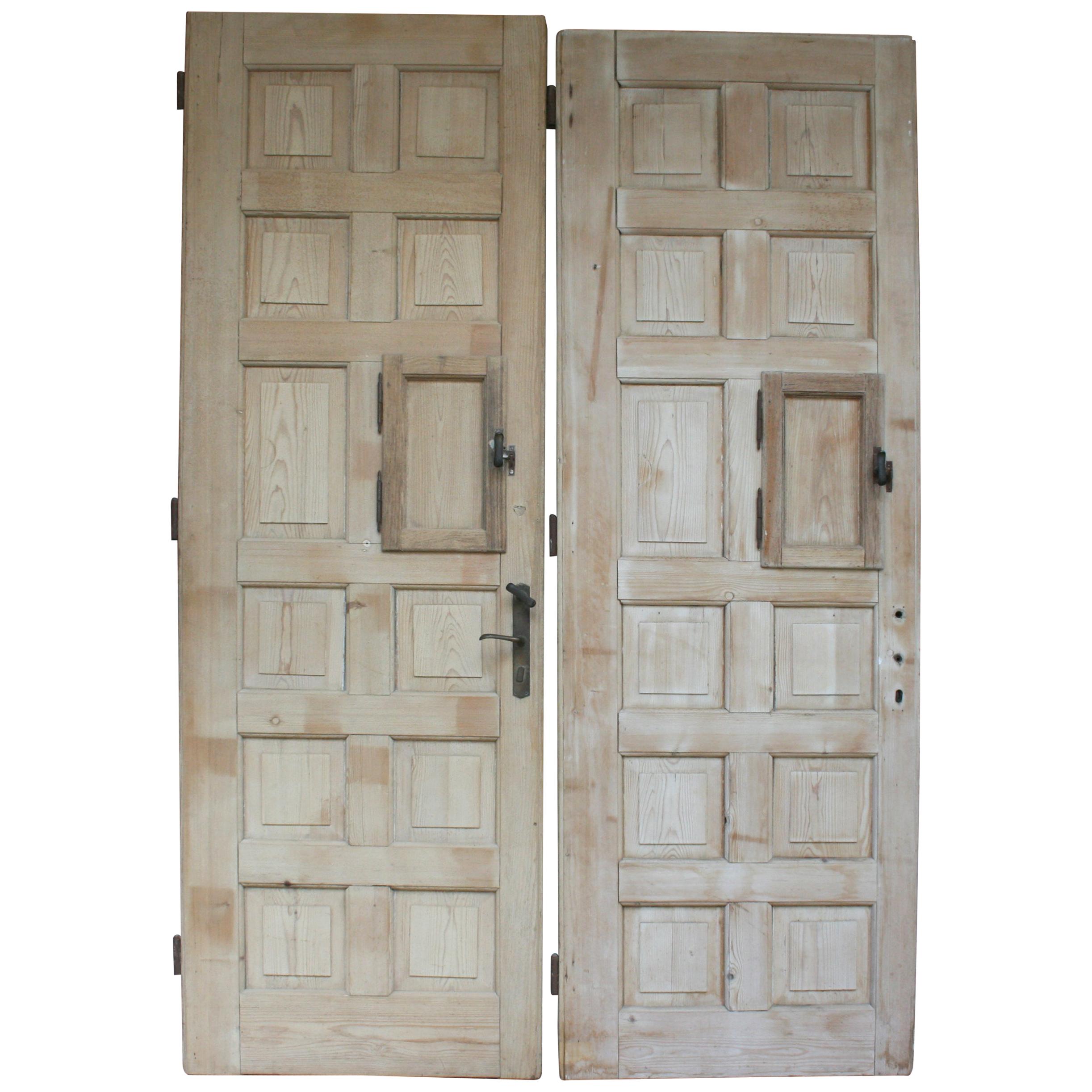 Pair of Large Antique Single Apartment Doors with 12 Panels, Bleached Pine