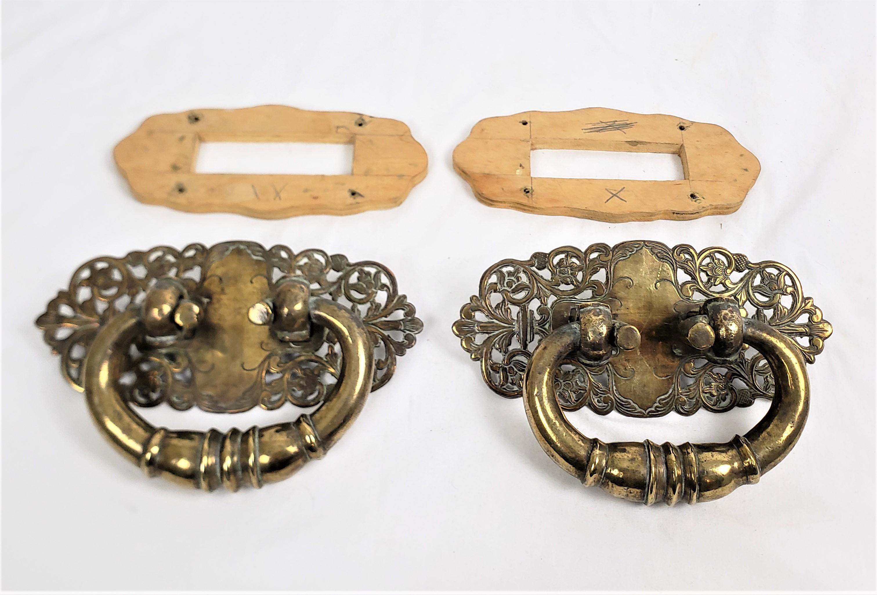 Pair of Large Antique Solid Brass Handles with Pierced Floral Back Plates For Sale 4