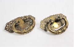 Pair of Large Antique Solid Brass Handles with Pierced Floral Back Plates
