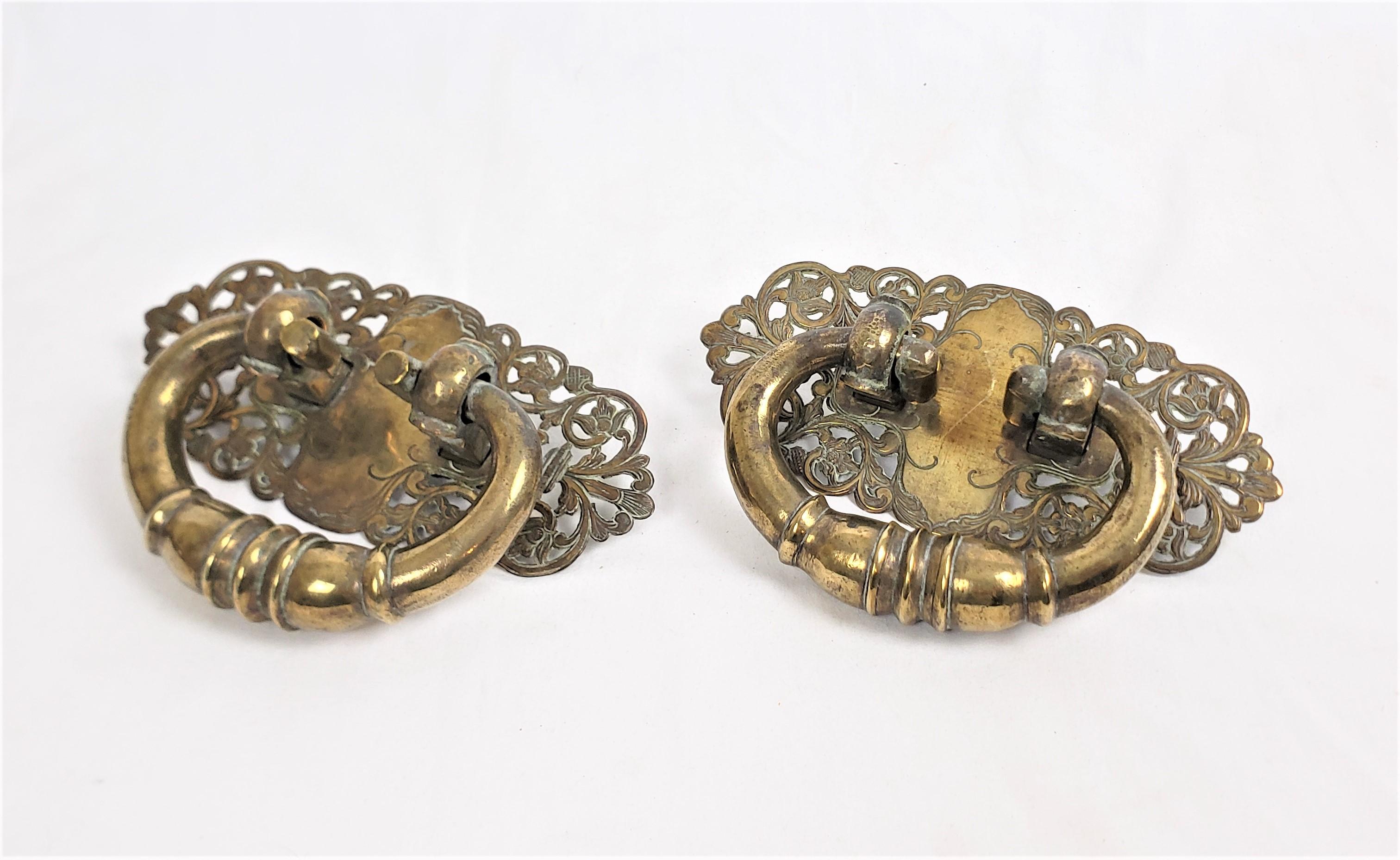 Dutch Colonial Pair of Large Antique Solid Brass Handles with Pierced Floral Back Plates For Sale