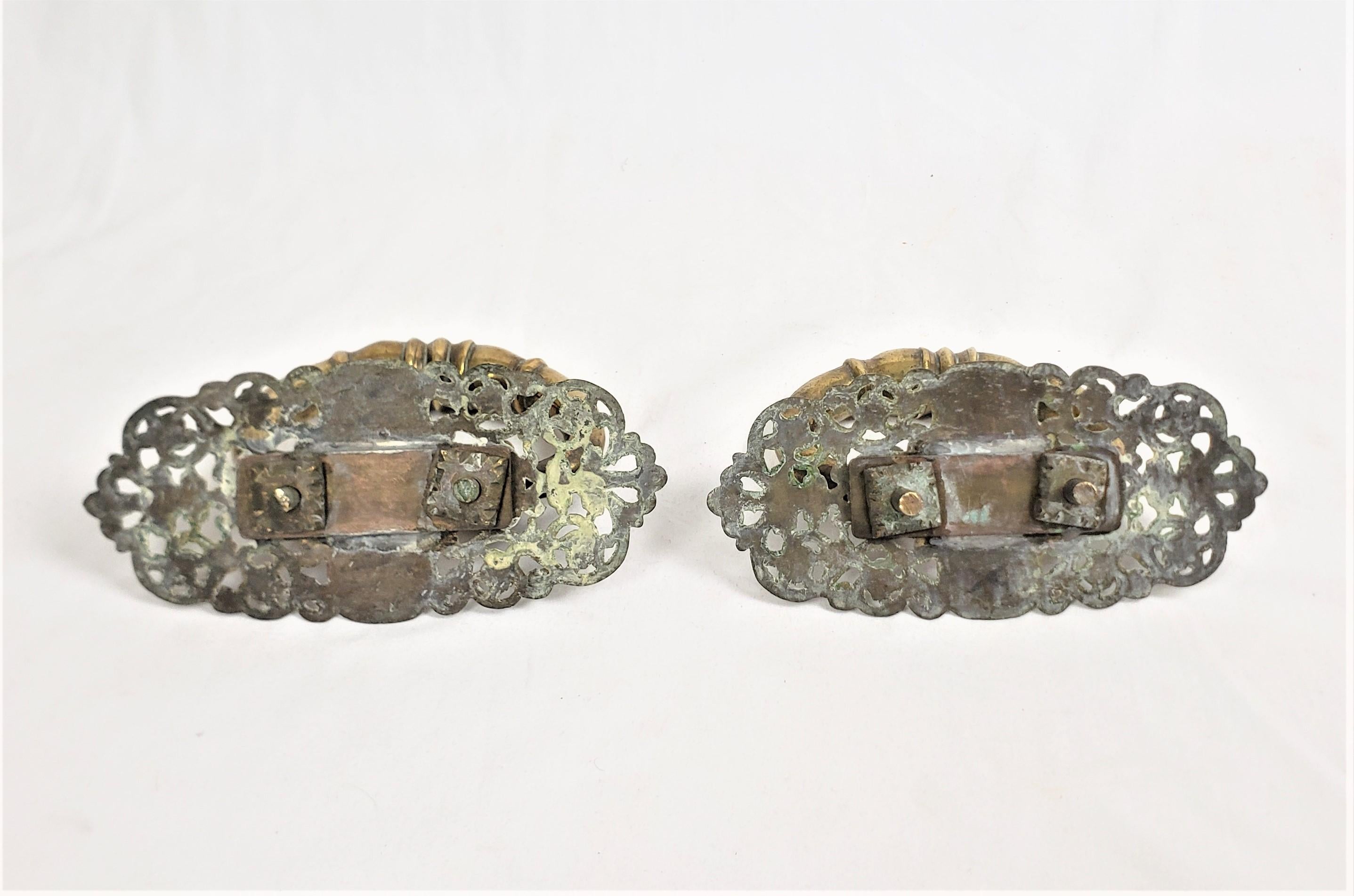 17th Century Pair of Large Antique Solid Brass Handles with Pierced Floral Back Plates For Sale
