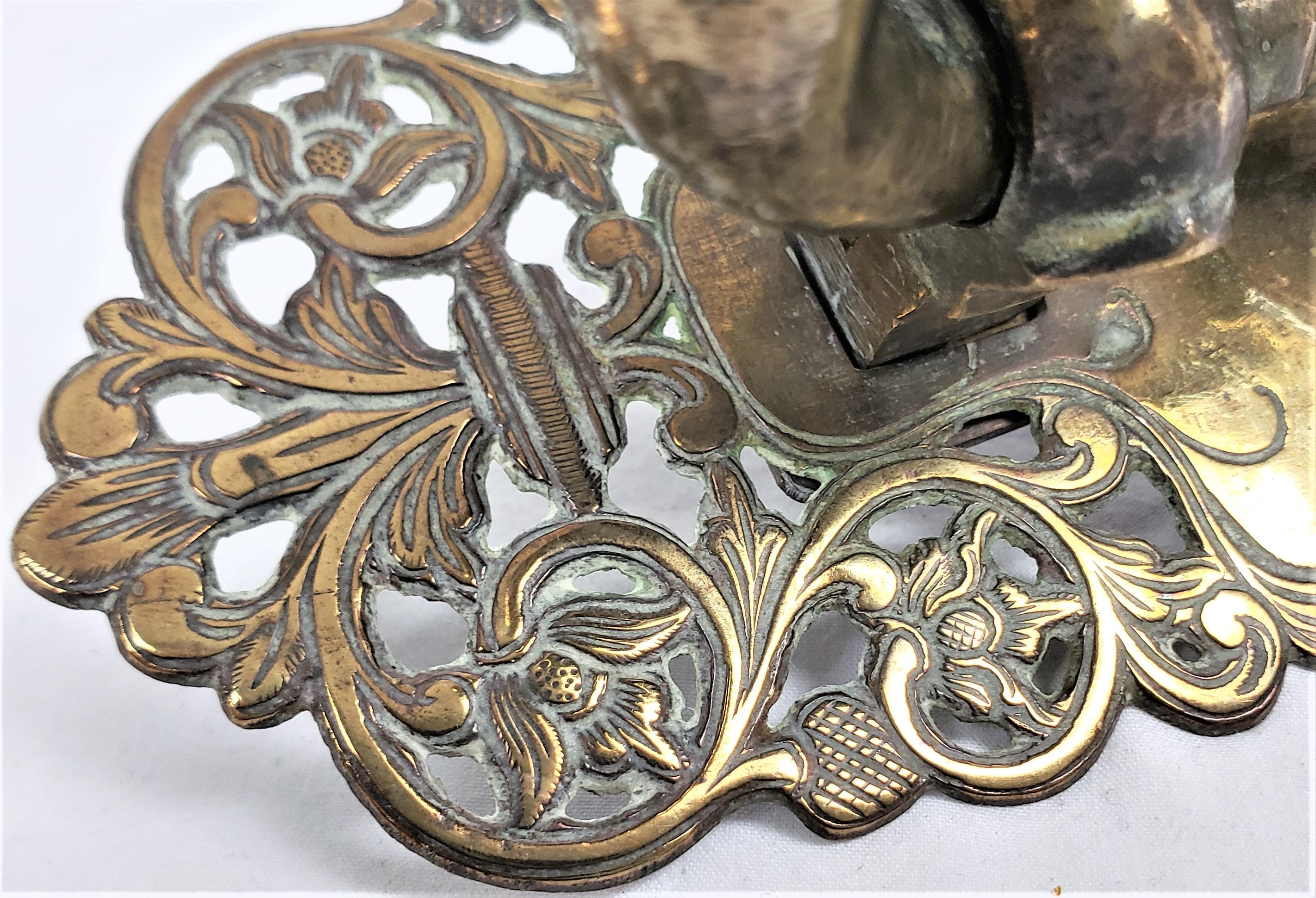 Pair of Large Antique Solid Brass Handles with Pierced Floral Back Plates For Sale 2