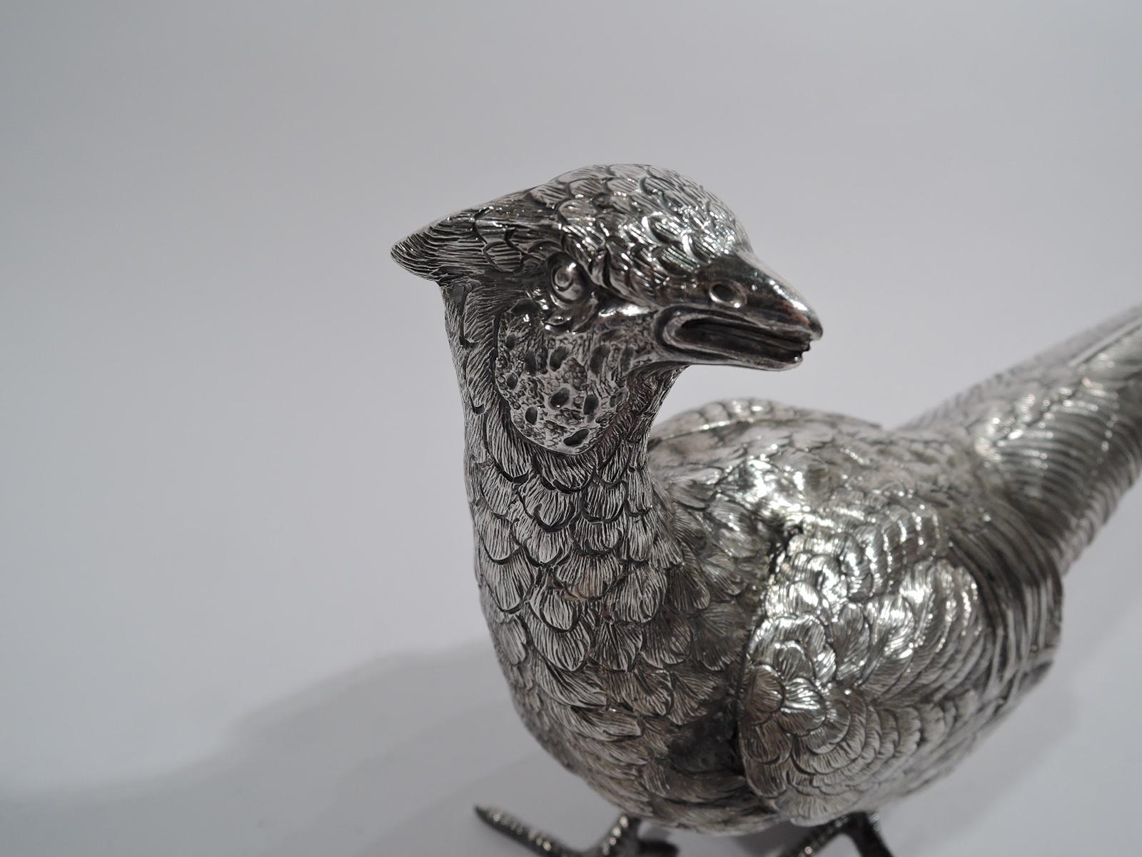 Edwardian Pair of Large Antique Sterling Silver Pheasants