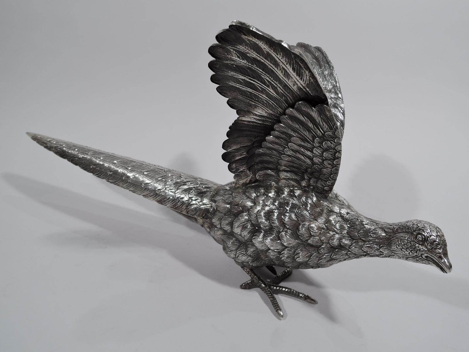 20th Century Pair of Large Antique Sterling Silver Pheasants