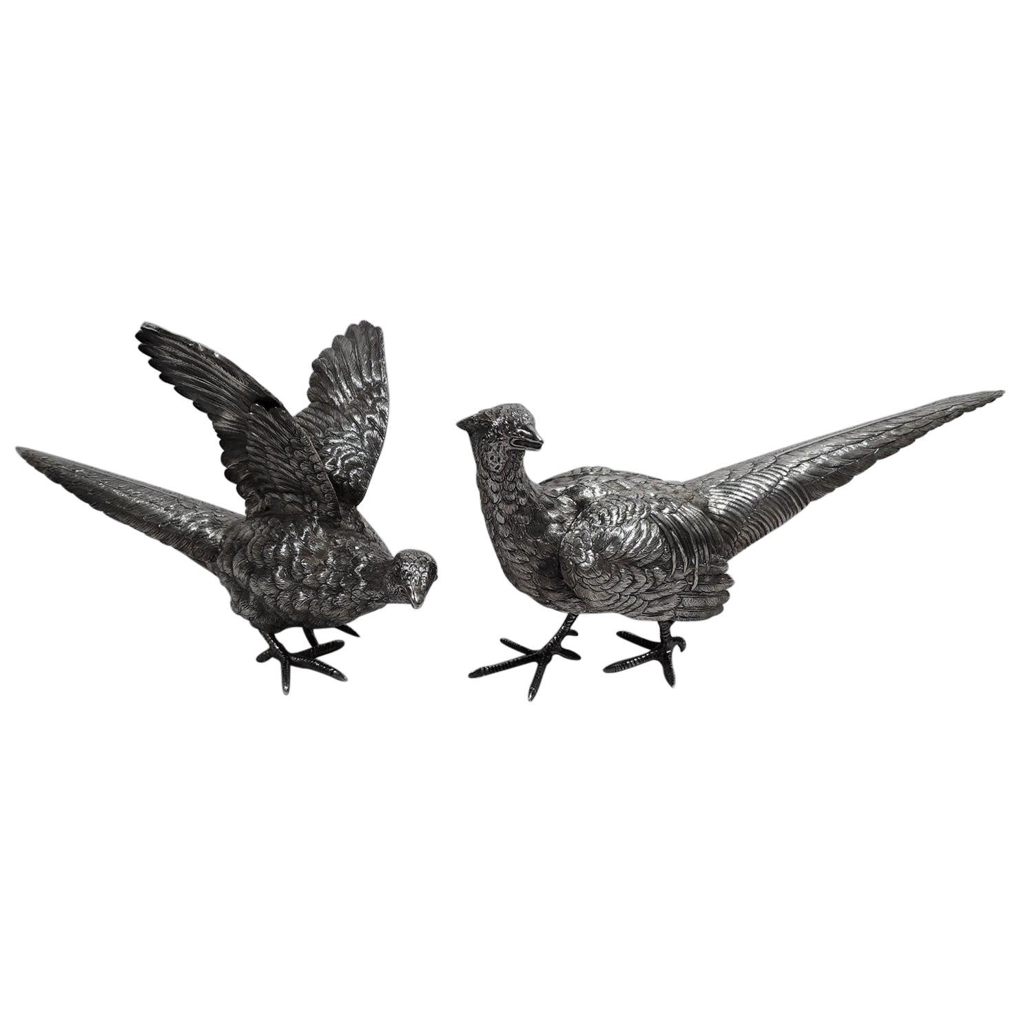 Pair of Large Antique Sterling Silver Pheasants