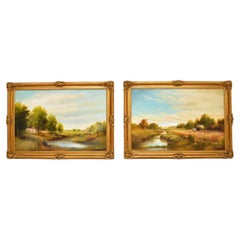 Pair of Large Vintage Style Landscape Oil Paintings
