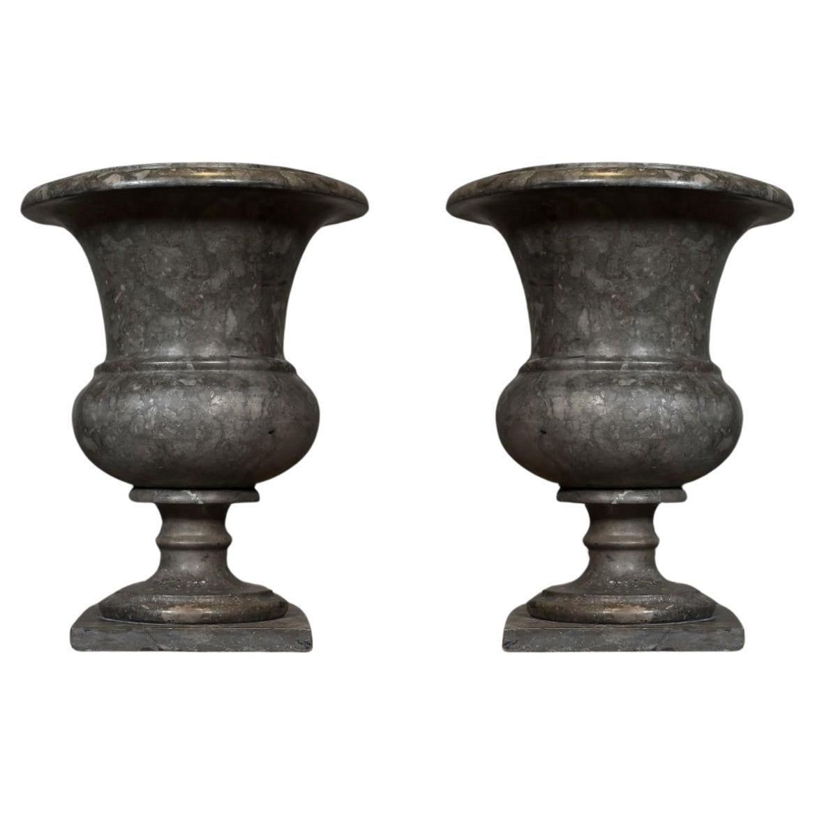 Pair of Large Antique Style Medici Vases in Grey Marble, 20th Century.