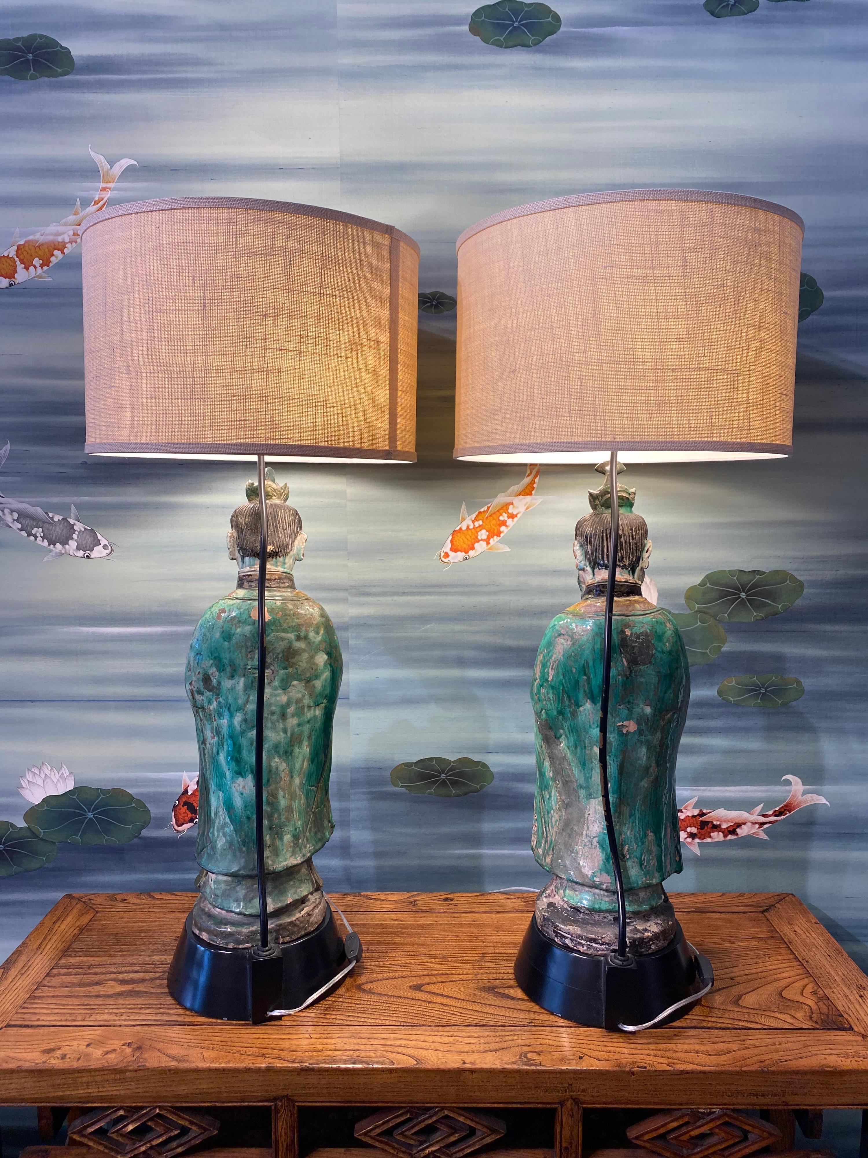 Pair of Large Antique Tang Style Chinese Figures as Lamps For Sale 5