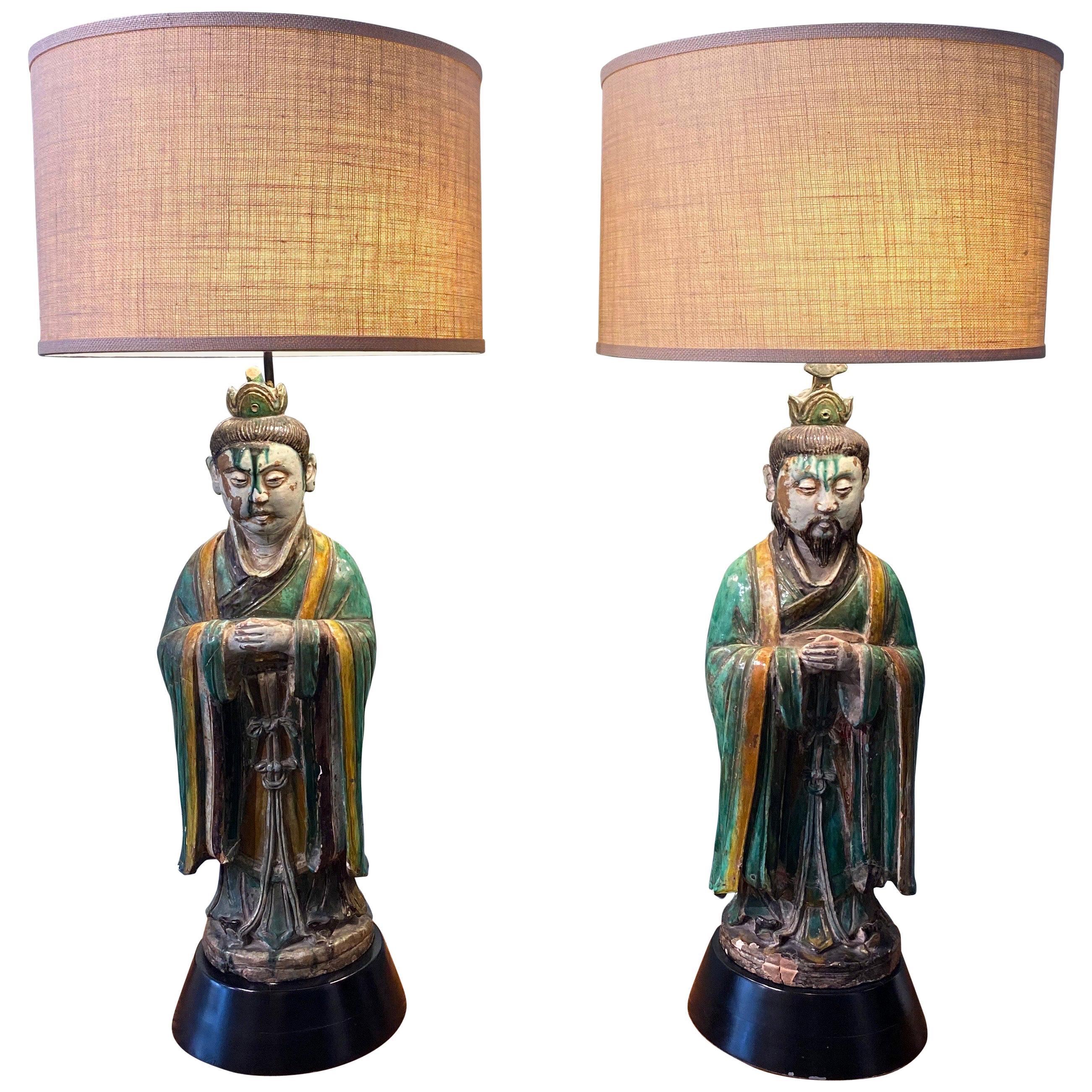Pair of Large Antique Tang Style Chinese Figures as Lamps For Sale